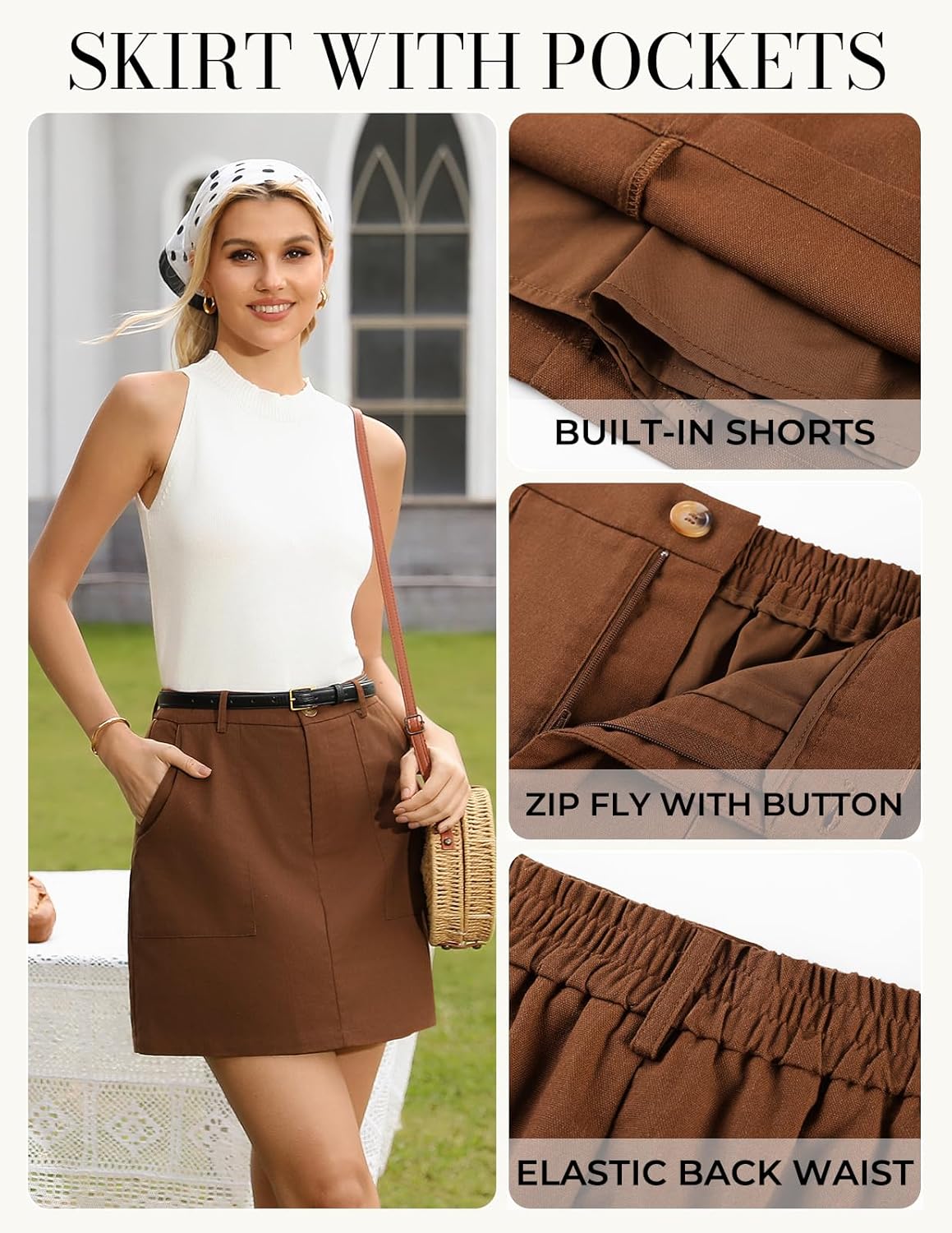 Kate Kasin Women's Linen Mini Skirt Skorts with Pockets, High Waisted A Line Skirt, Summer Skirts with Shorts Underneath