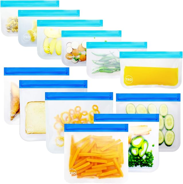 TRD 12 Pack Reusable Freezer Bags, Large ZipLock Leakproof Reusable Food Storage Bags, Snack Bag and Sandwich Bag Set, Lunch, Travel, Food Baggies, Make-Up