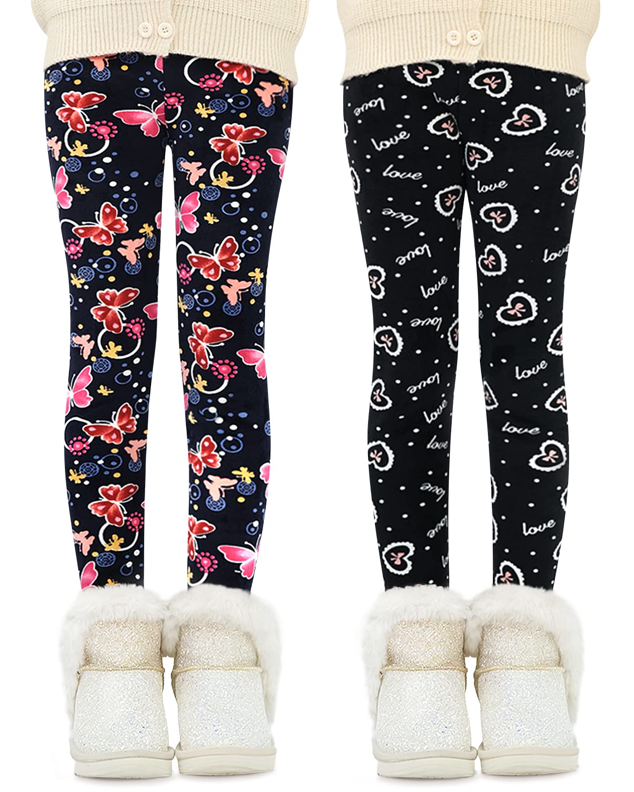 Domee Leggings Térmicos Pantalones Invierno Forro Polar Niña Pack de 2 Lazo Alfabeto Negro + Mariposa Azul Marino 8-9 años (Talla del Fabricante 140)