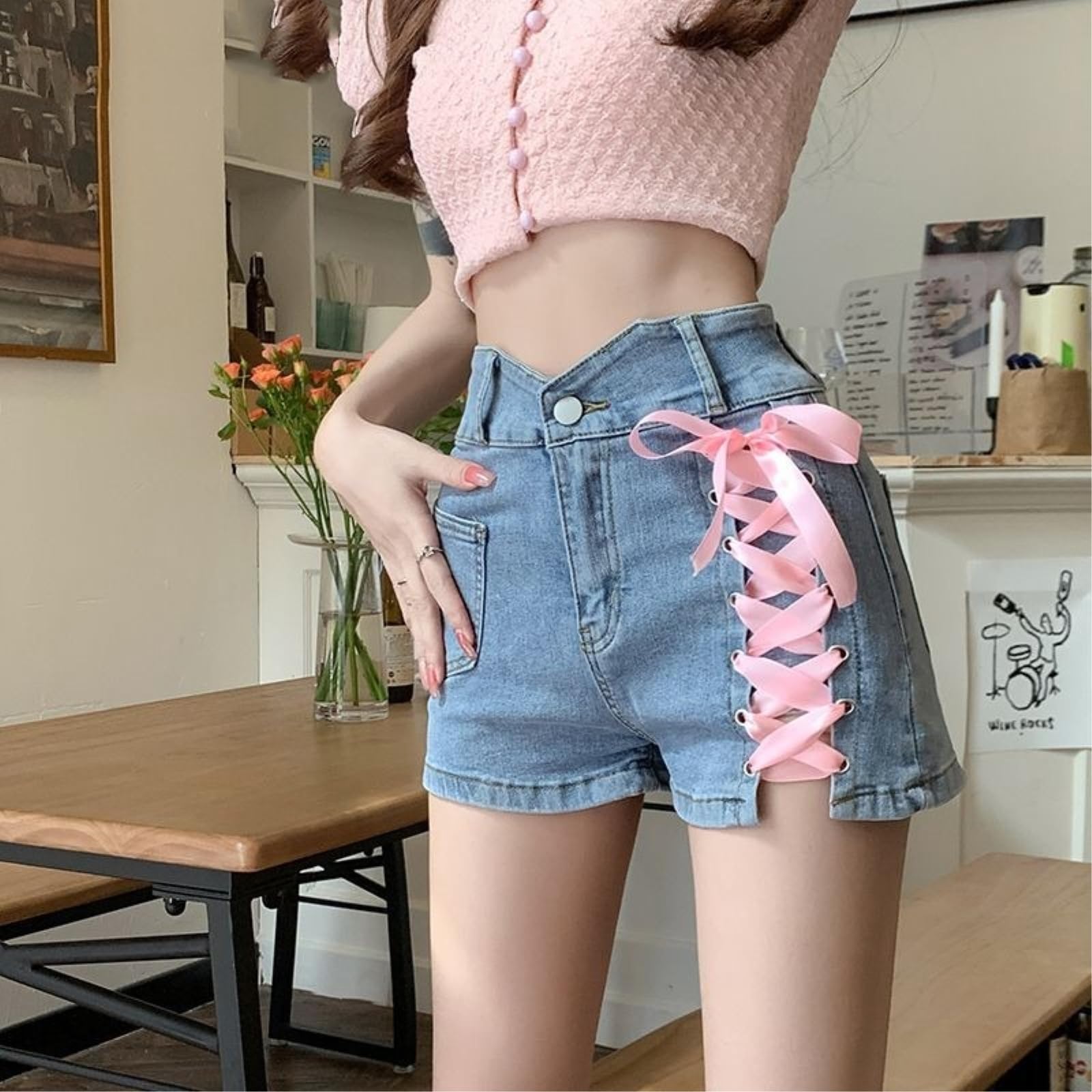 Shorts Jeans Donna Rosa Croce Denim Cravatta Pantaloni Decorativi Femminile Estate Alta Vita Sottile A-Line Abbigliamento Donna-Blue-s