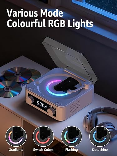 Miniatura 6 de Reproductor de CD con altavoces integrados, entrada y salida Bluetooth portátil, reproductores de CD de escritorio para el hogar con pantalla de