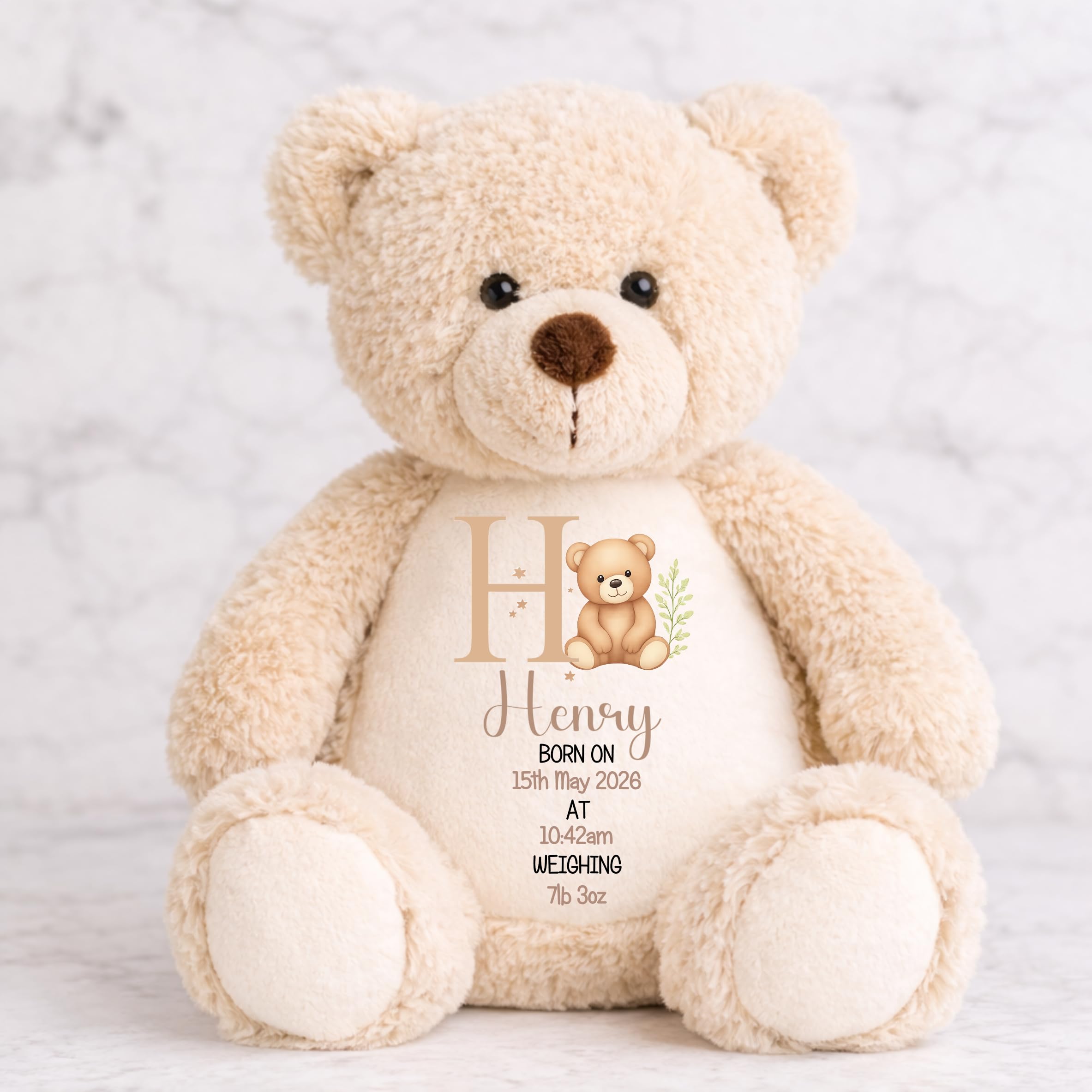 Jellybops Personalised Birth Teddy Bear, Custom Baby Keepsake Bear with Name, Date of Birth, Time and Weight, Newborn Gift for Baby Boy or Girl (Beige)