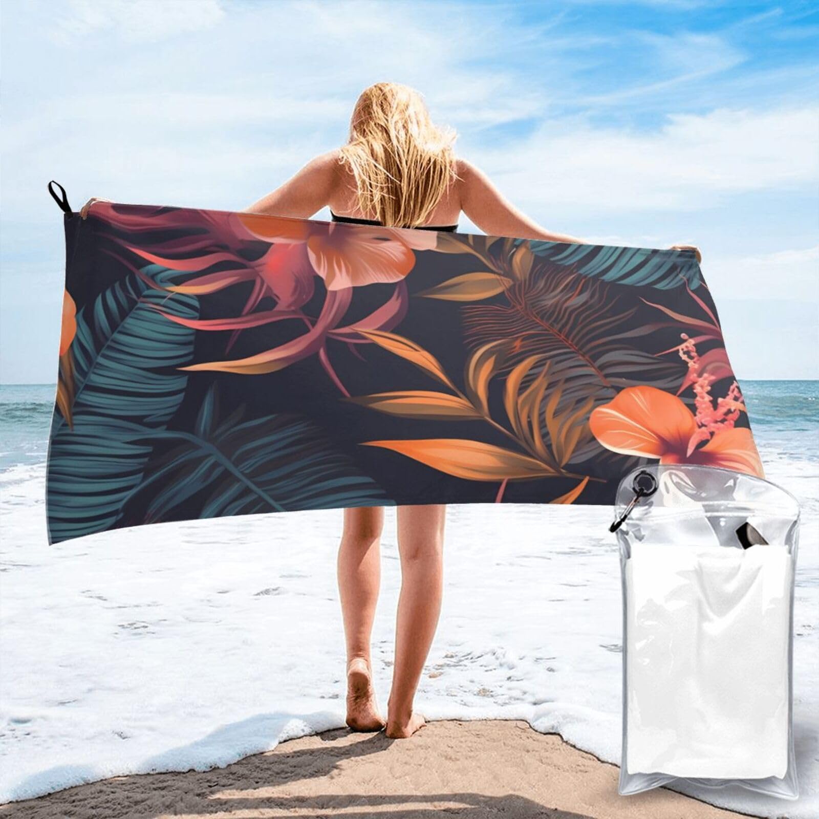 DWVTSLH Microfiber Sand Free Beach Towel 27.5"x55", Quick Dry Absorbent Travel Towel Large Camping Blanket, Tropical Flower Bath Towels Lightweight Pool Swim Towels for Vacation Essentials