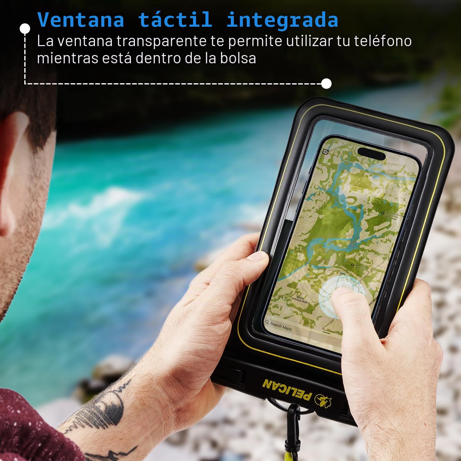Pelican Marine - Funda impermeable IP68 para teléfono (tamaño XL), funda flotante impermeable para iPhone 15 Pro Max/14 Pro Max/13/12/S24 Ultra/S23/S22/Pixel 8 - Cordón desmontable - Negro/Amarillo de