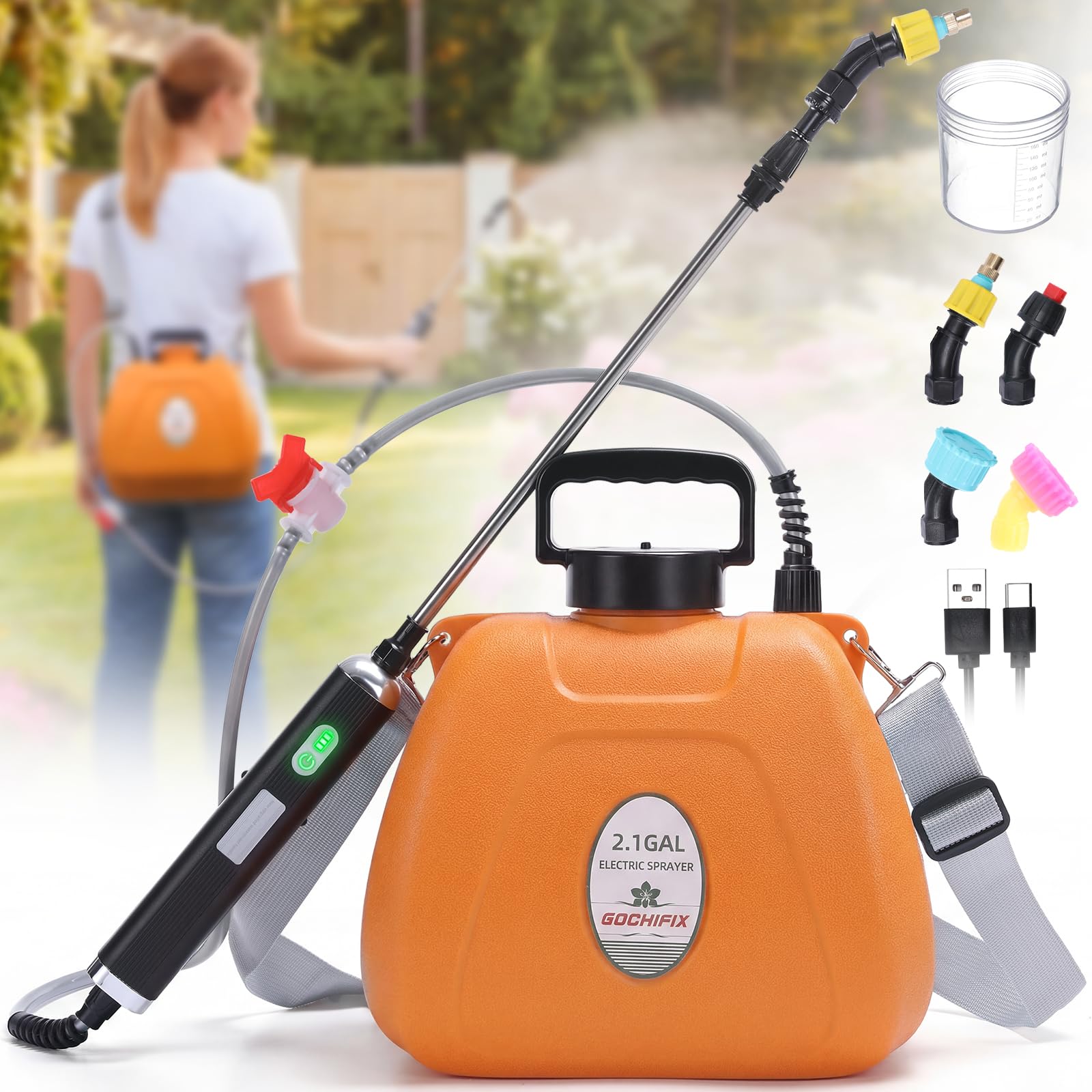 Gochifix Electric Garden Weed Sprayer 2.1 Gallon, Battery Powered USB Rechargeable Handle w/Indicator, 4 Spray Nozzles, Shut-Off Valve, Retractable Wand, Strap, Auto Pump Plant Mister for Lawn Garden