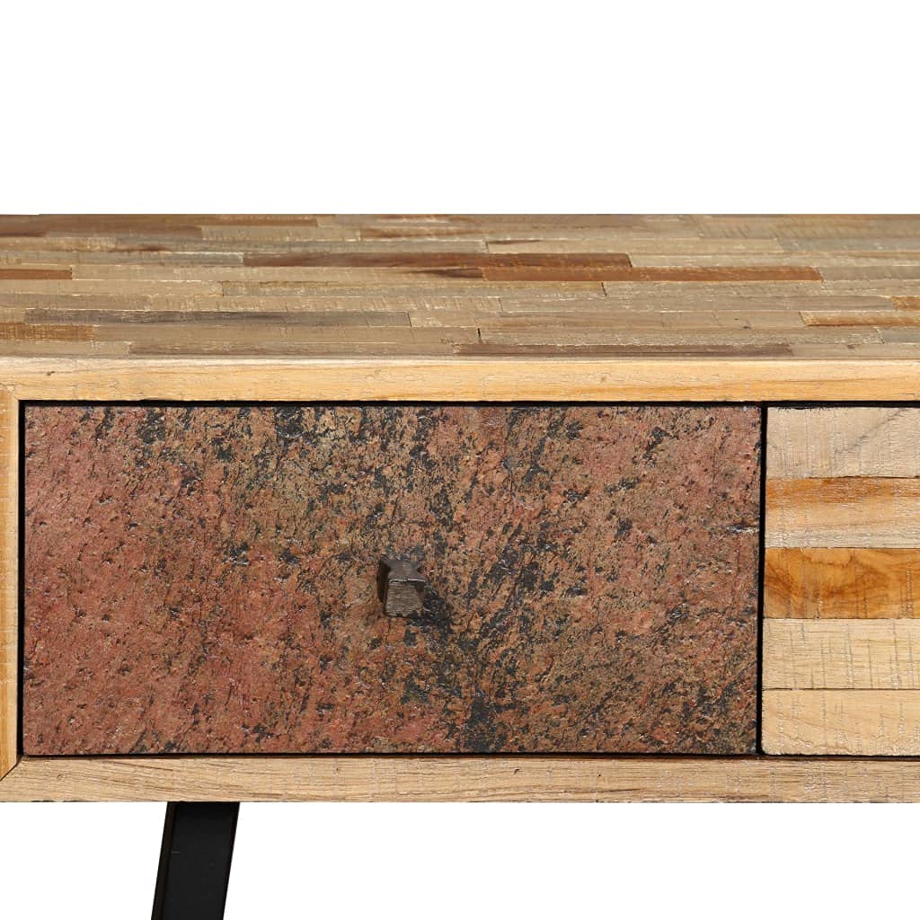Stolik konsolowy z litego drewna tekowego z recyklingu, 120 x 30 x 76 cm, z 4 szufladami, styl vintage, do korytarza, salonu, biura, ze stalową ramą i miejscem do przechowywania