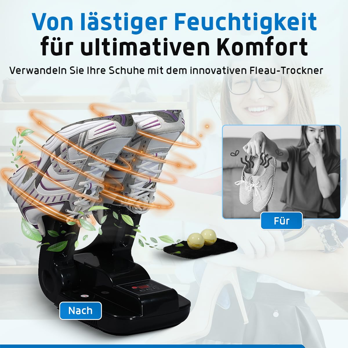 Fleau Smart Schuhtrockner – Ozon-/Trocknungsfunktion – Schuherfrischer – Geruchsentferner – Inkl. Duftkugeln & Schuhbürste (Schuhtrockner mit Verlängerung)