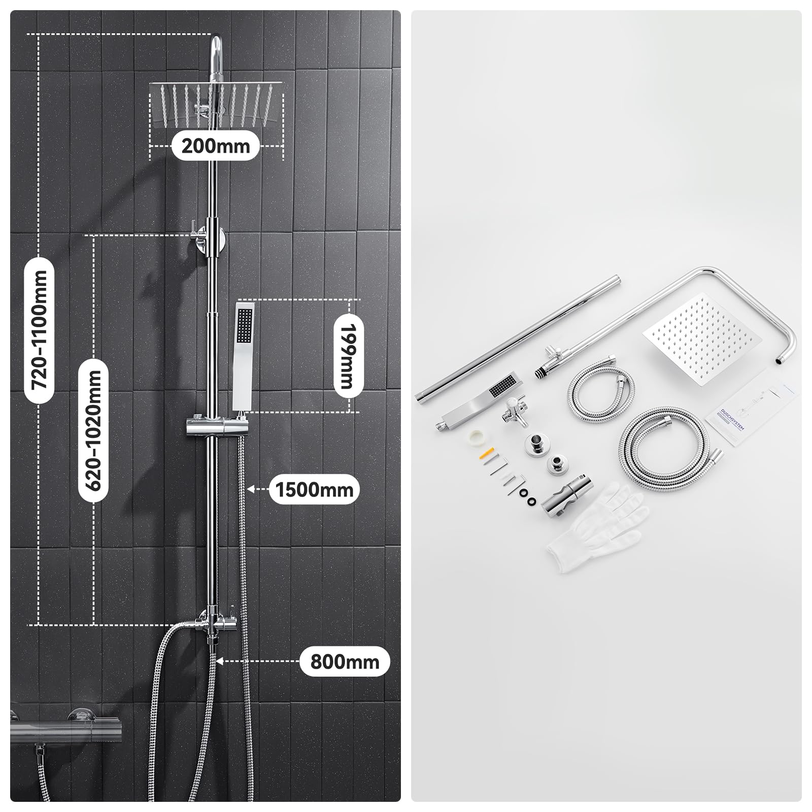 Auralum Colonna Doccia senza Miscelatore, Colonna Doccia Acciaio Inox con Saliscendi Doccia Altezza Regolabile 72-110cm, Asta Doccia con Soffione e Doccetta, Ideal Standard Gruppo Doccia per Vasca