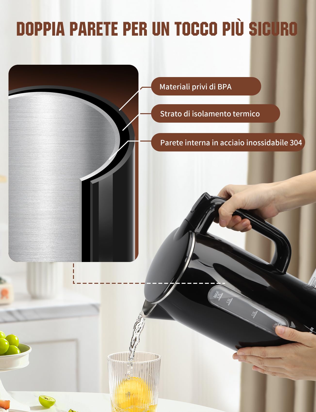 Aigostar Bollitore Elettrico Acciaio Inox Nero 1,7 Litri - Bollitura Rapida Electric Kettle 2200W, Doppio Isolamento, Senza Plastica All'interno, Senza BPA, Visualizzazione del Livello Dell'acqua