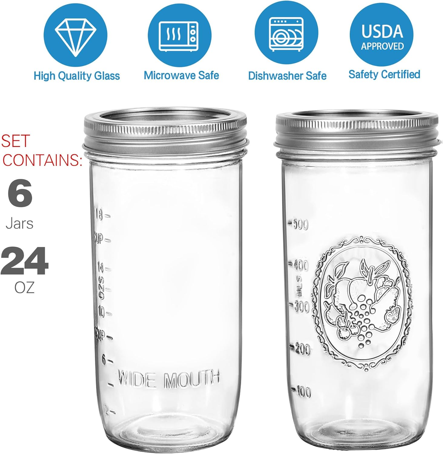 24 oz Wide Mouth Glass Jars - 6 Pack with Airtight Lids and Bands, Ideal for Fermenting, Pickling, Meal Prep, Overnight Oats, Jam, Jelly, and DIY Projects