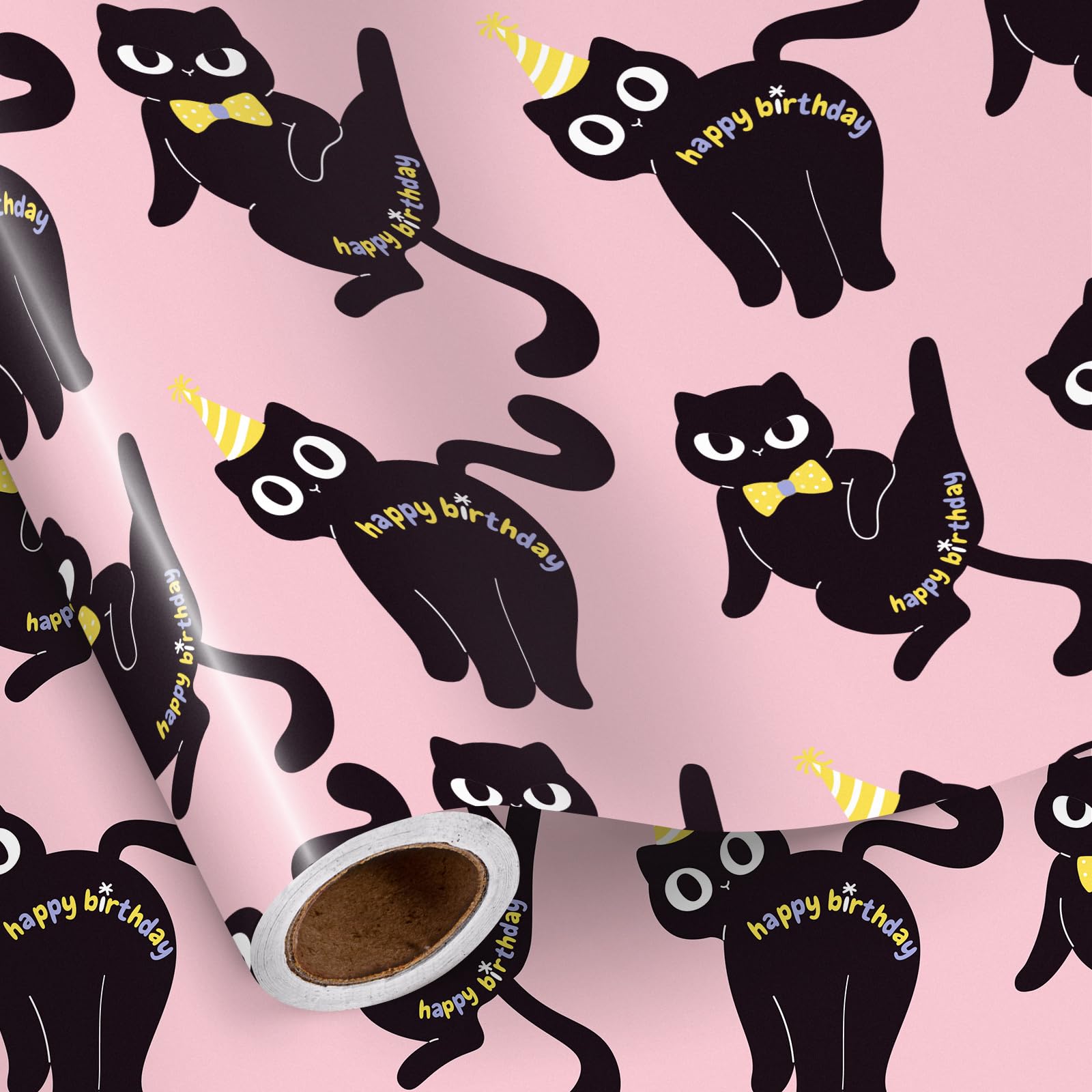 RUSPEPA Mini Cat Birthday Wrapping Paper - Cute Black Cat with Party Hat & Bow Tie, Pink Paper, 43.2cm x 5m - For Kids, Girls, Pet Lovers, Birthday, Baby Shower — image 1