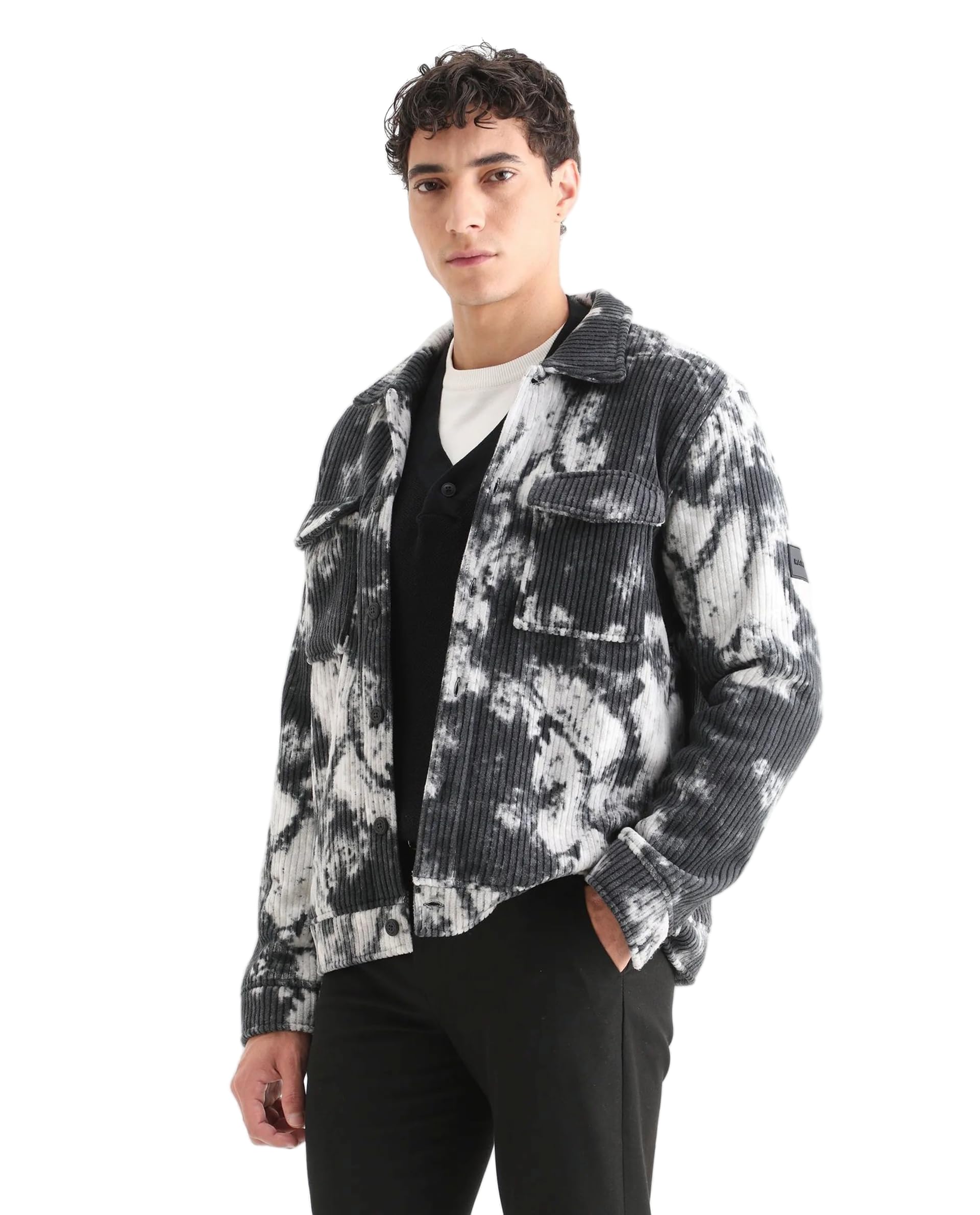 rare rabbit Men Regular Abstract Black Polyester Button-Front Shacket Jacket-picture-15