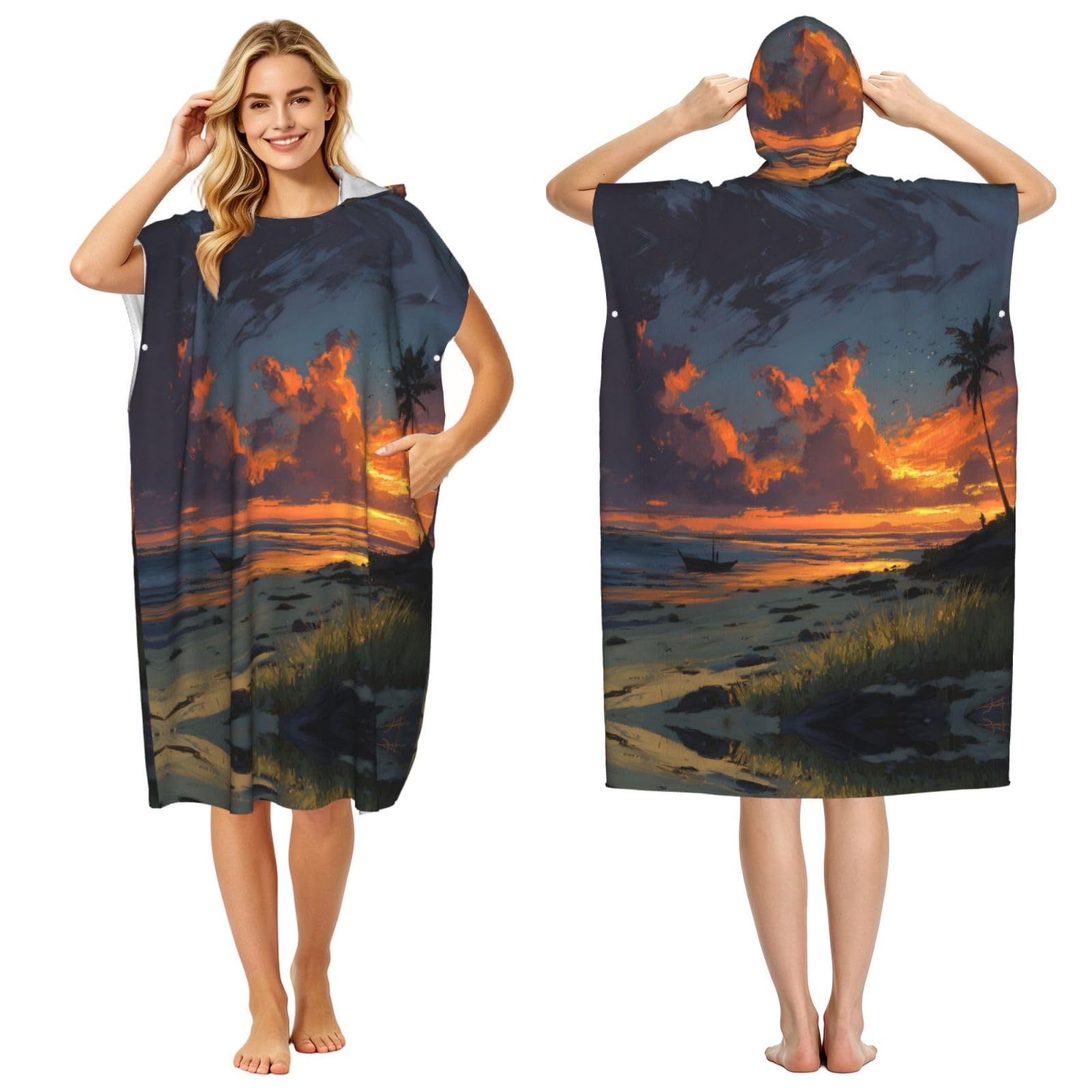 ESNAIUVCD Sunset Beach Print Changing Robe, Hooded Towel Poncho For Swimming Pool, Beach,Quick Dry & Light Weight Towelling Poncho For Adults Women Men