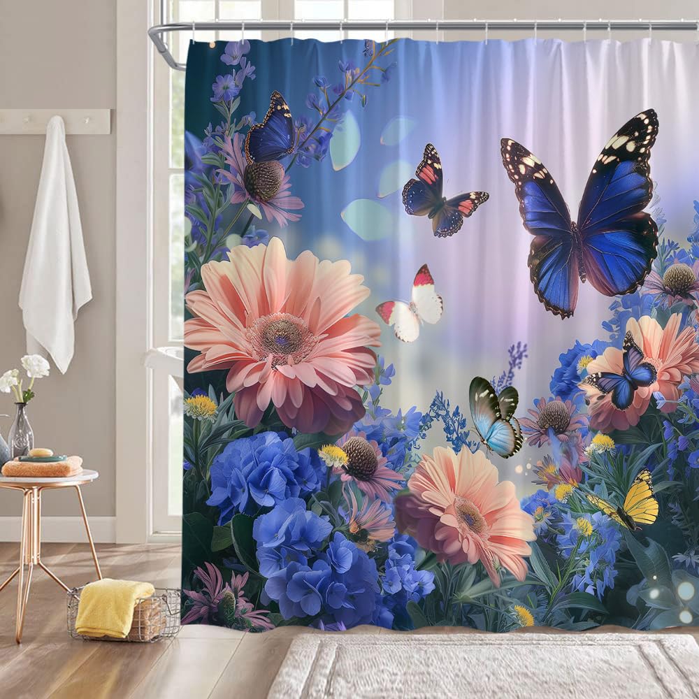 Spring Floral Butterfly Shower Curtain Hydrangea Daisy Floral Nature Plant Garden Scenery Fabric Bathroom Decor Sets with Hooks,Purple