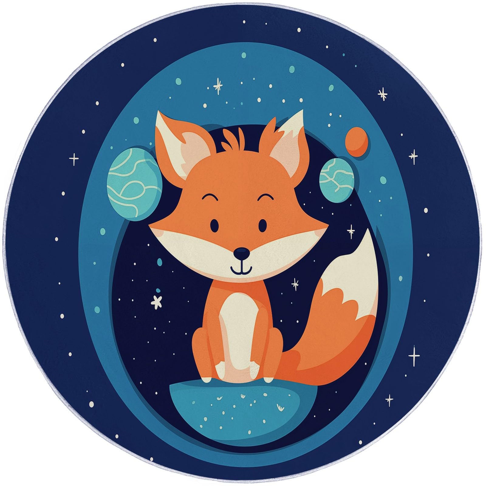 Generisch Waschbar Runder Teppich 120 cm, Dunkelblau Weich Kurzflor Runde Teppiche für Schlafzimmer Eingang Schmücken - Niedlich Cartoon Tier Fuchs Muster rutschfest Pflegeleicht Teppich