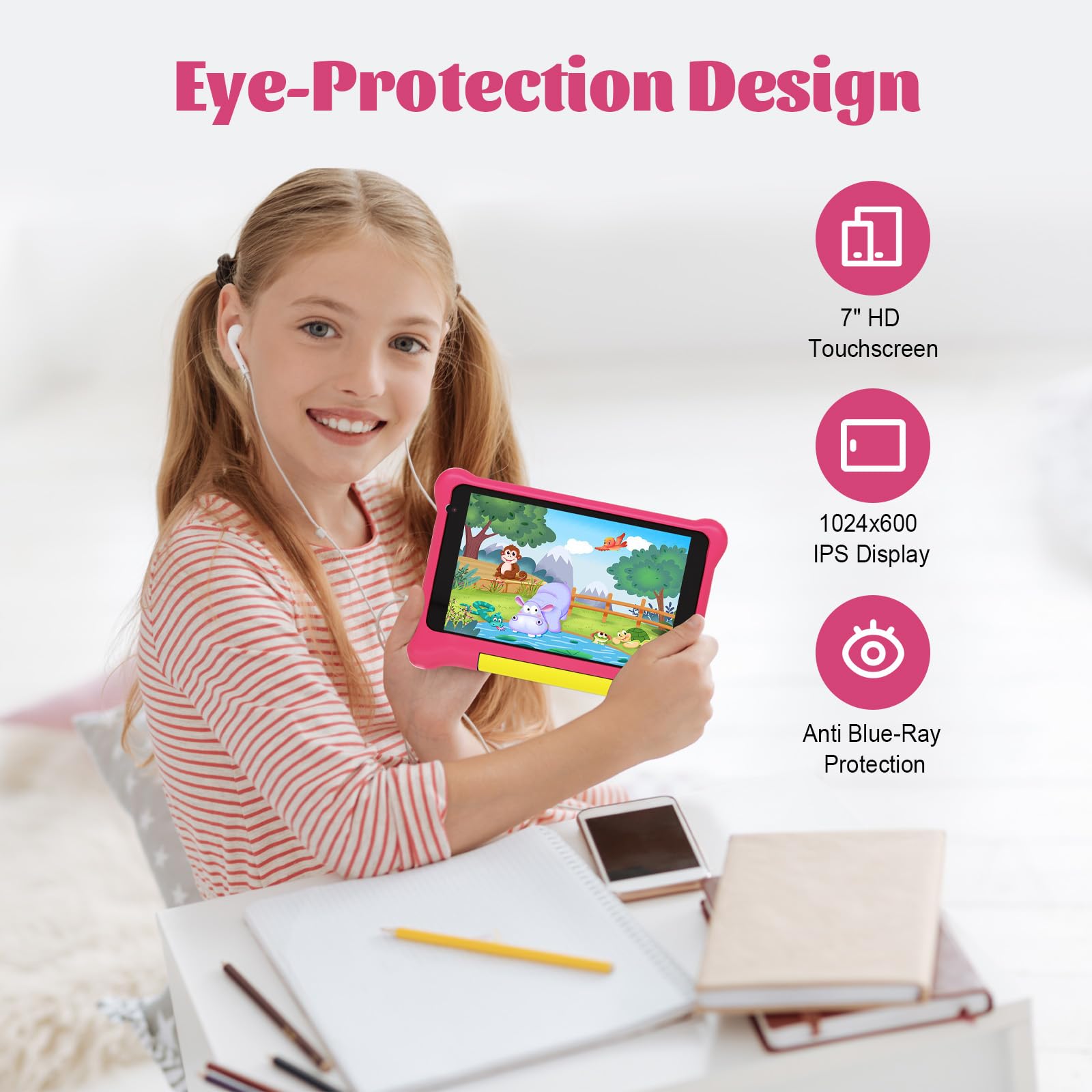 Yicty Tablet Kinder 7 Zoll Android 13 Lern-Tablets PC Kindersteuerung Quad Core 5 GB RAM 32 GB ROM 128 GB Erweiterung Dual Kamera Stoßfeste Schutzhülle (Rosa)