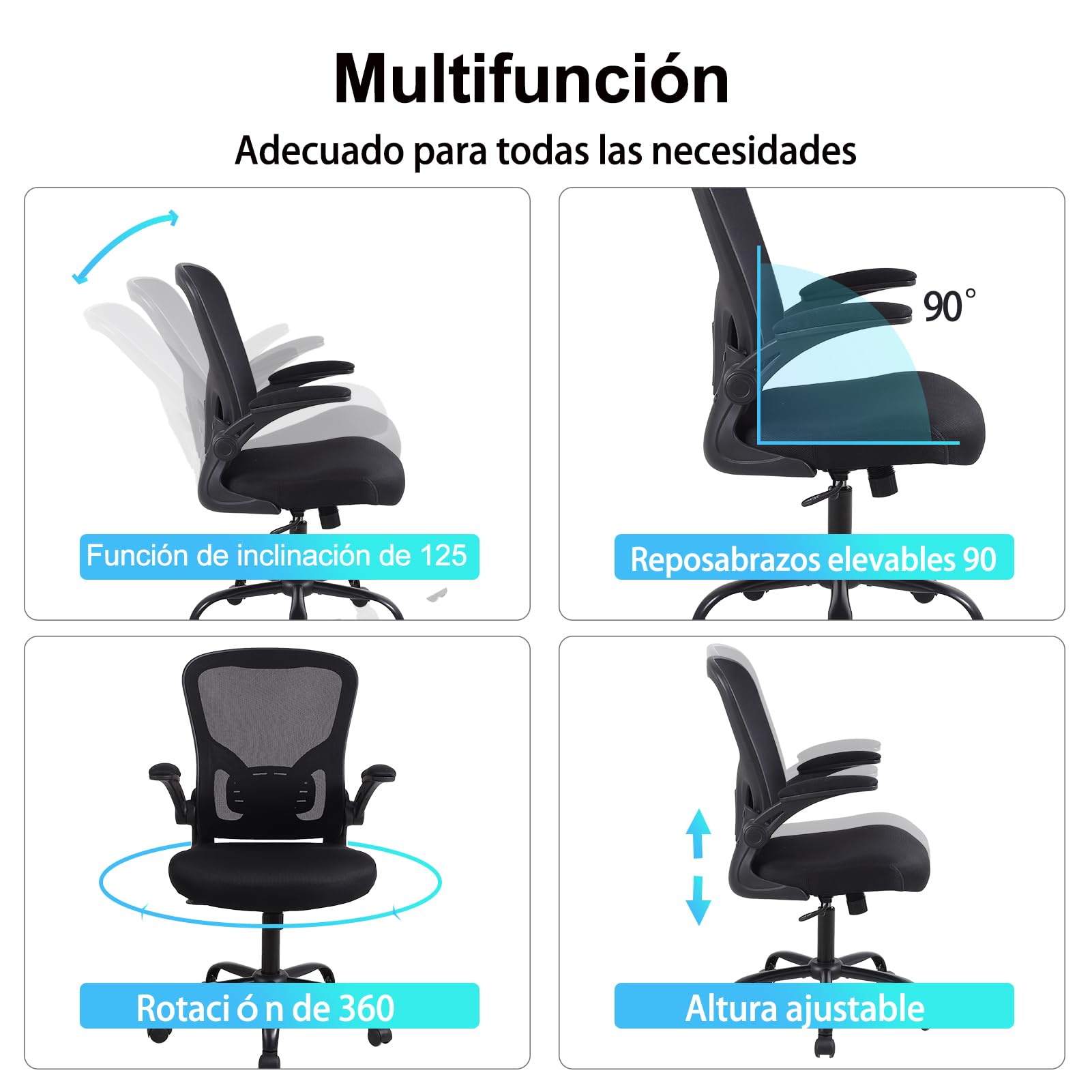 Youhauchair Silla Oficina con Reposabrazos Abatibles, Negra | Silla Ergonomica Escritorio de Malla Transpirable, Reposabrazos Abatibles, Soporte Lumbar, Capacidad máxima 150KG