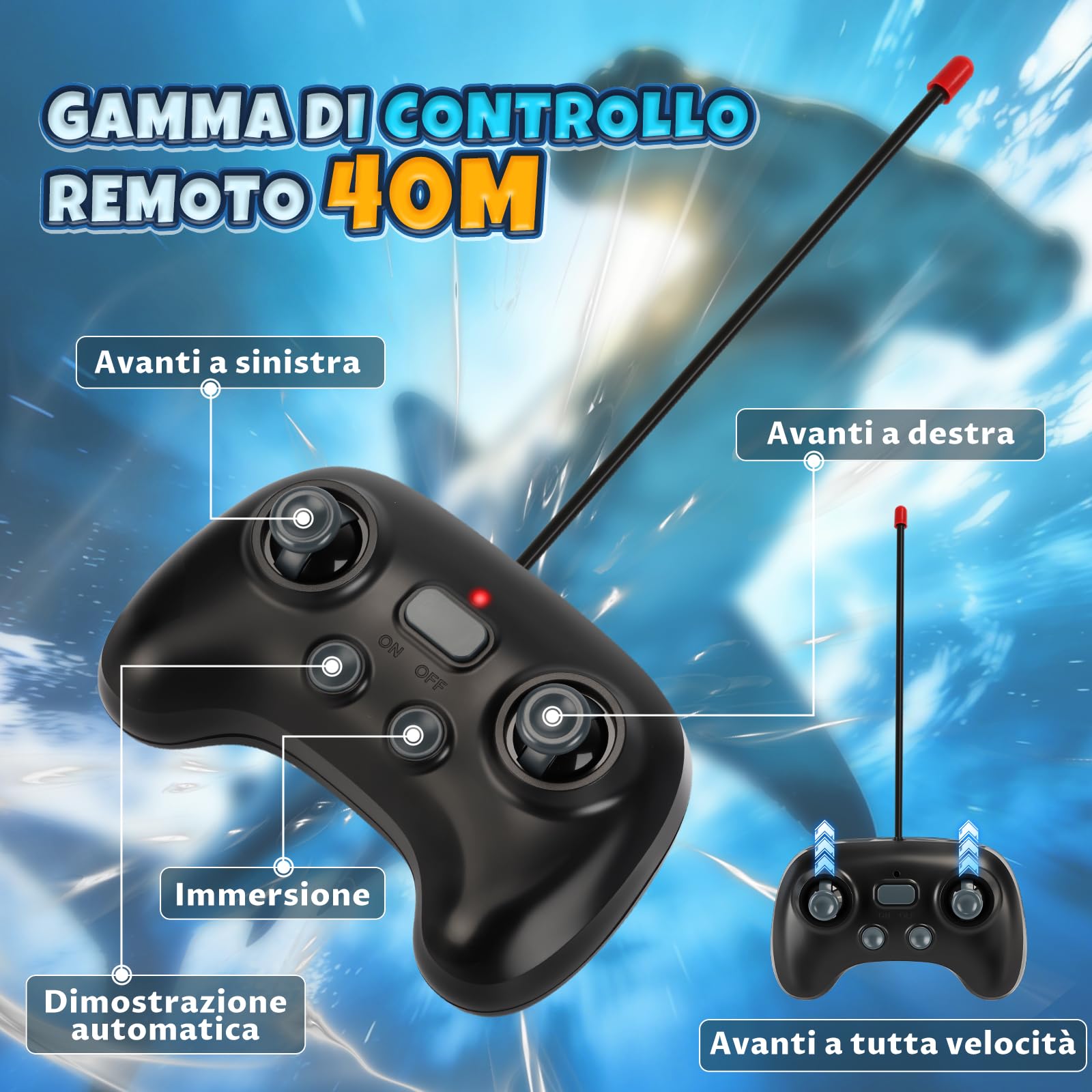 Squalo Telecomandato con Funzione di Immersione, 2.4GHz RC Squalo con Luci LED, Giocattolo Squalo Subacqueo per Piscina e Vasca da Bagno, Regalo per Bambini 6+ Anni Ragazzo Ragazza (Blu)
