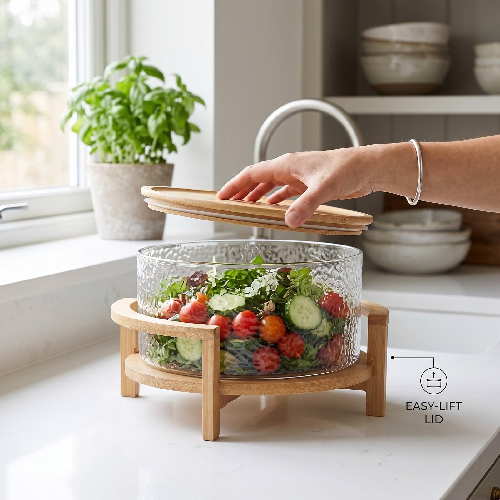 Fdit Ensaladera de Vidrio, Juego de Cuencos de Vidrio de Gran Capacidad de 4,3 L con Base de Madera y Tapa a Juego para Comidas Familiares, Fiestas, Postres de Frutas