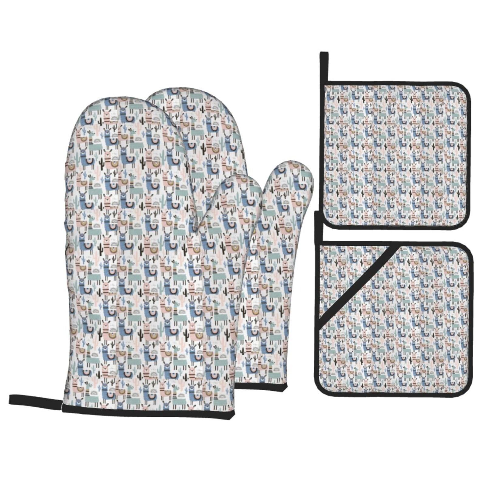Llama Alpaca Cactus Print 4-Piece Heat-Resistant Oven Waterproof Kitchen Gloves Cooking Roasting Essential