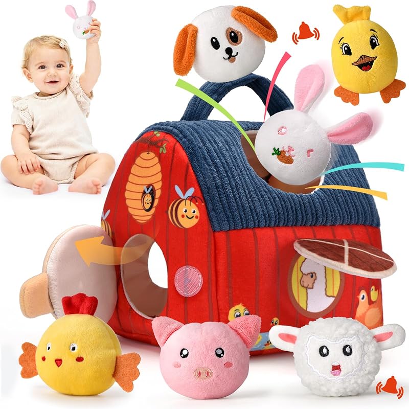Giochi Montessori Neonato 6-12 Mesi - Casa Morbida Animali da Fattoria con Fienile/Sonaglio/Specchio Neonati Montessori Sensoriale Educativo per Bambini 1 2 3 Anni, Regalo Perfetto per Neonati e Prima