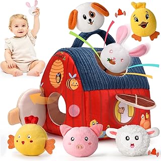 Montessori Baby Spielzeug ab 6 -12 Monate - Weiches Bauernhof-Set mit 6 Tieren, Rassel & Spiegel, Sensorisches Spielzeug Lernspielzeug für Kinder 1-3 Jahre, Ideales Weihnachts- und Ostergeschenk