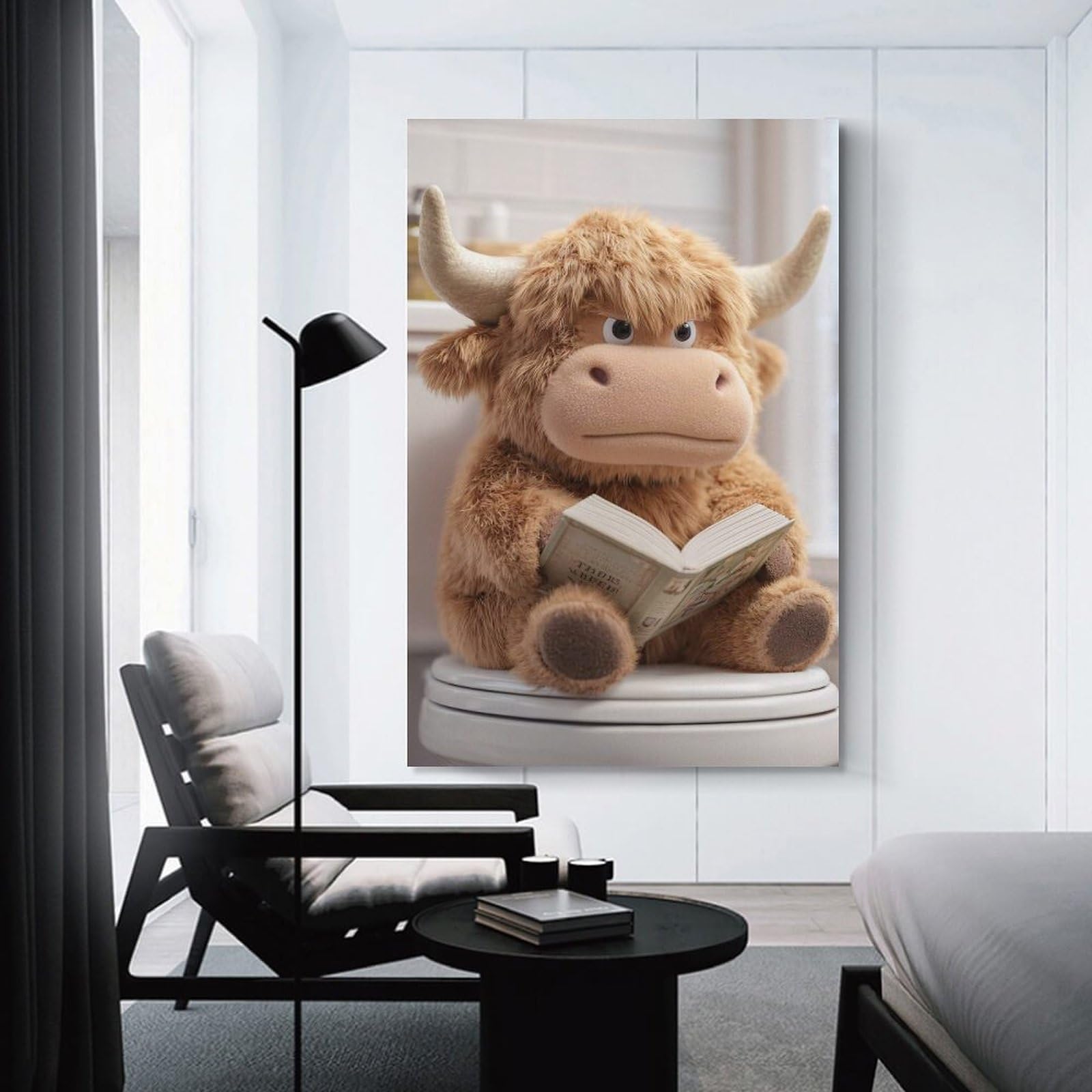 Junmoney Stuffed Highland Cow Reading on Toilet Room Decor Wall Art 20x30inch(50x75cm), for Bedroom, Guest Room Or Reading Nook, An Easy Wall Refresh for Bedrooms