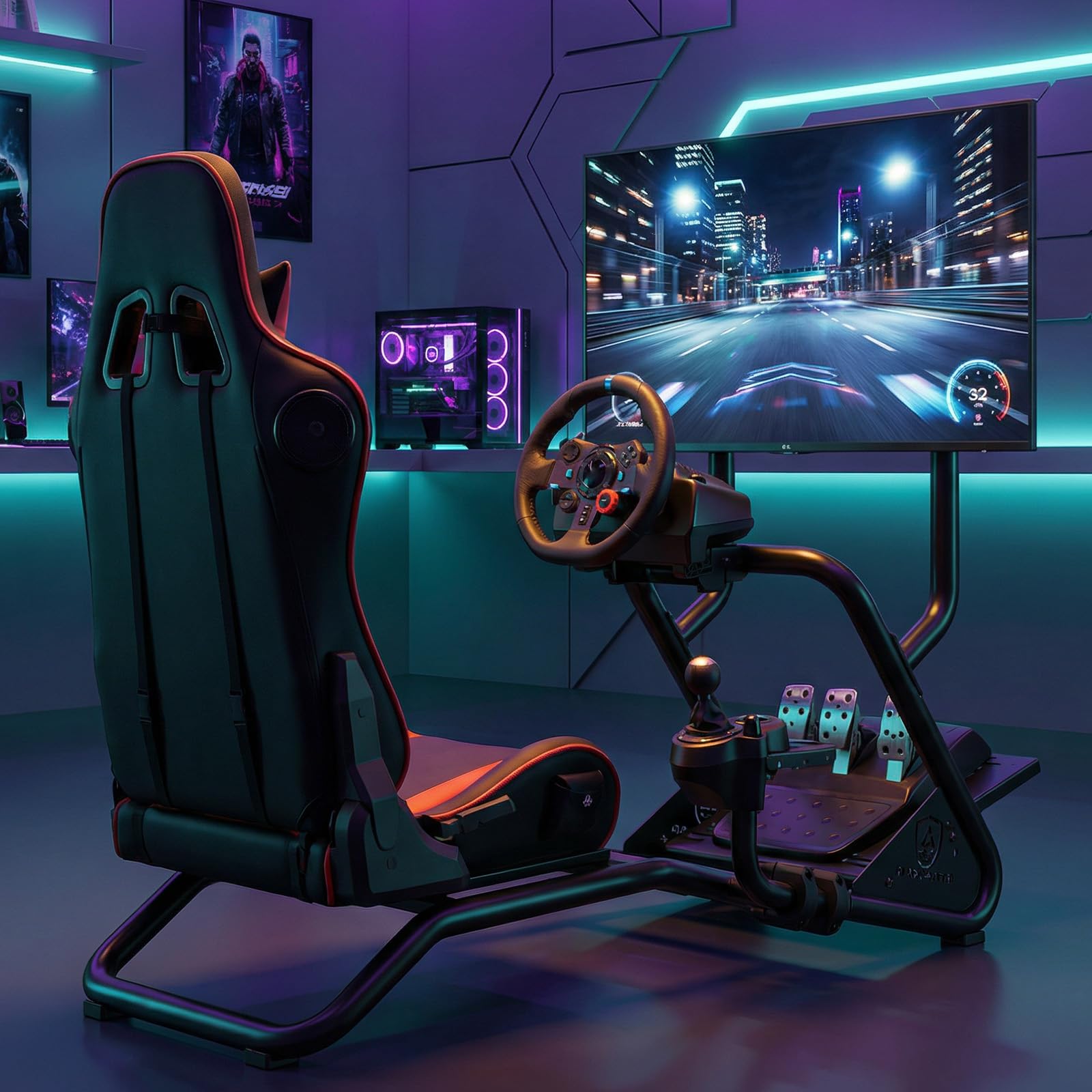 GTPLAYER Simulator Cockpit, Supporto per volante da simulatore di corse con altoparlanti stereo 3D, con supporto regolabile per volante, monitor, cambio e pedali (Rosso)