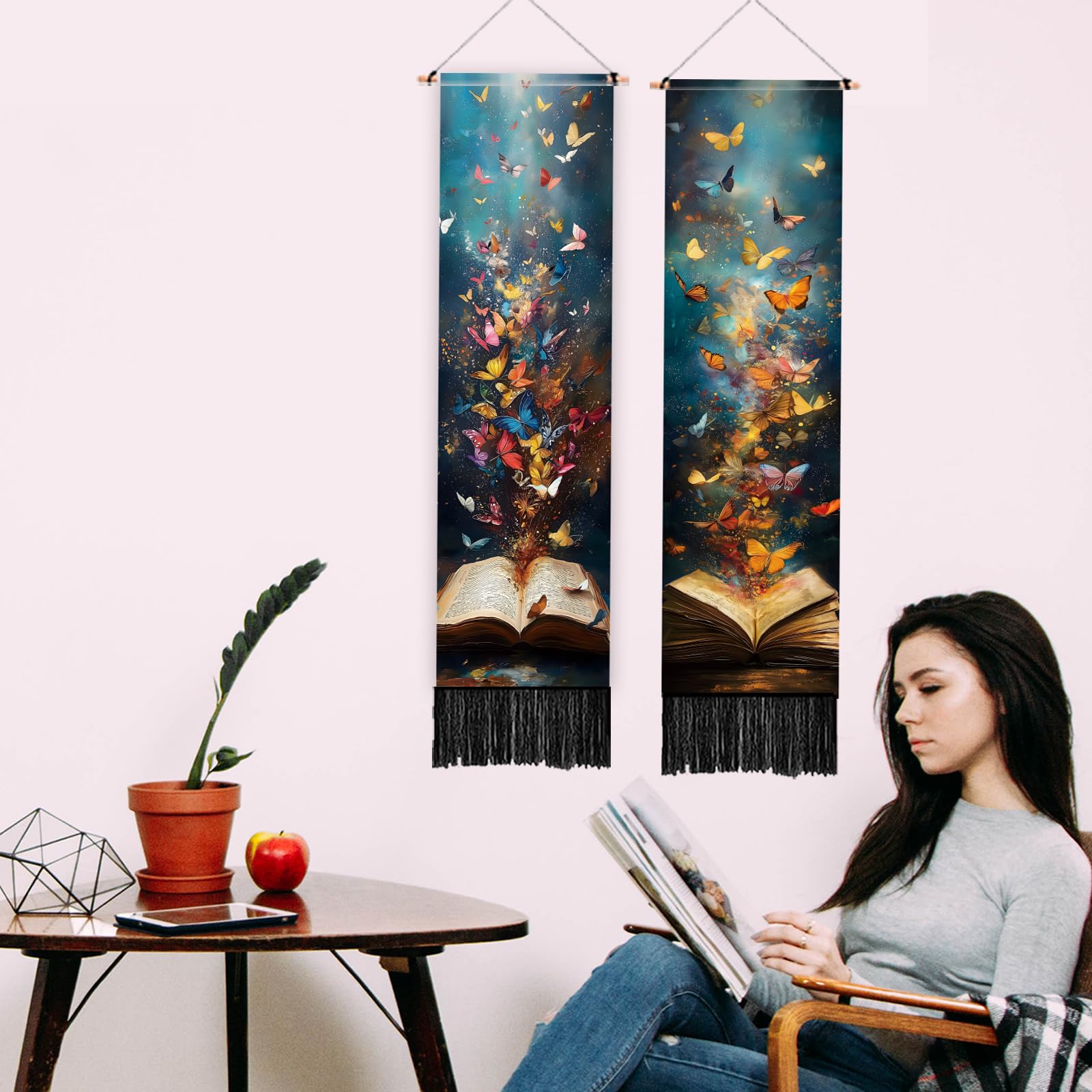 PLIGREAT Confezione da 2 arazzi colorati da parete a forma di libro con farfalle, creativo, lungo, verticale, da appendere alla parete, con nappe, per camera da letto, soggiorno, amanti dei libri