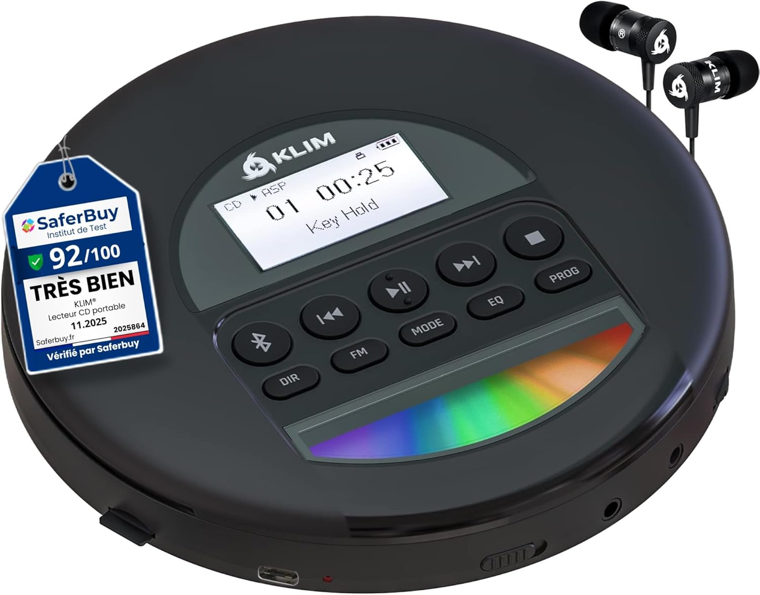 KLIM Nomad - New 2023 - Portable CD Player Walkman with Long-Lasting Battery - with Headphones - Radio FM - Compatible MP3 CD Player Portable - TF Card Radio FM AM Bluetooth - Ideal for Cars - Black