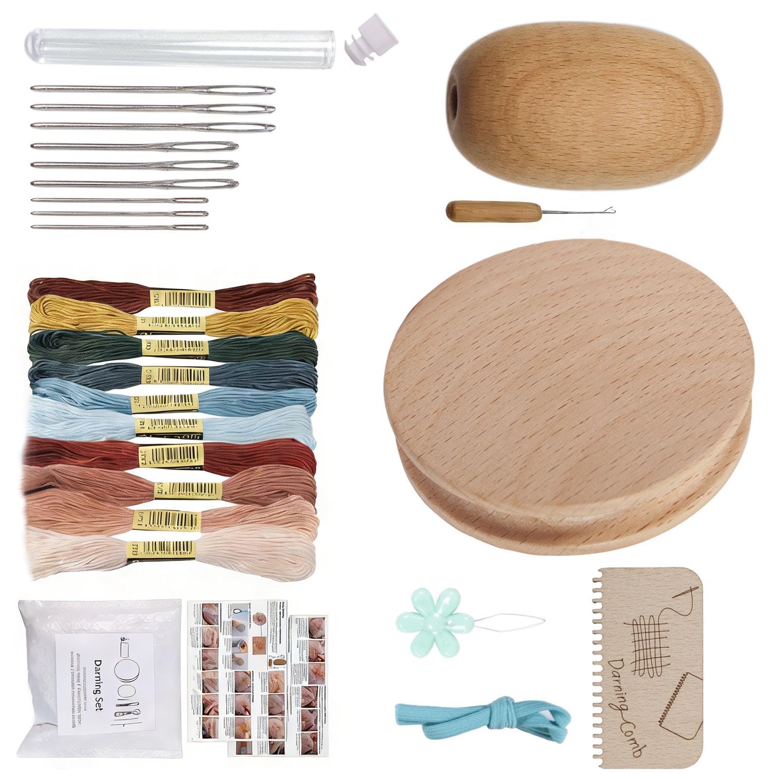 Sustainable Darning Set with Wooden Hook for Home Fabric Mending Projects Round Plate
