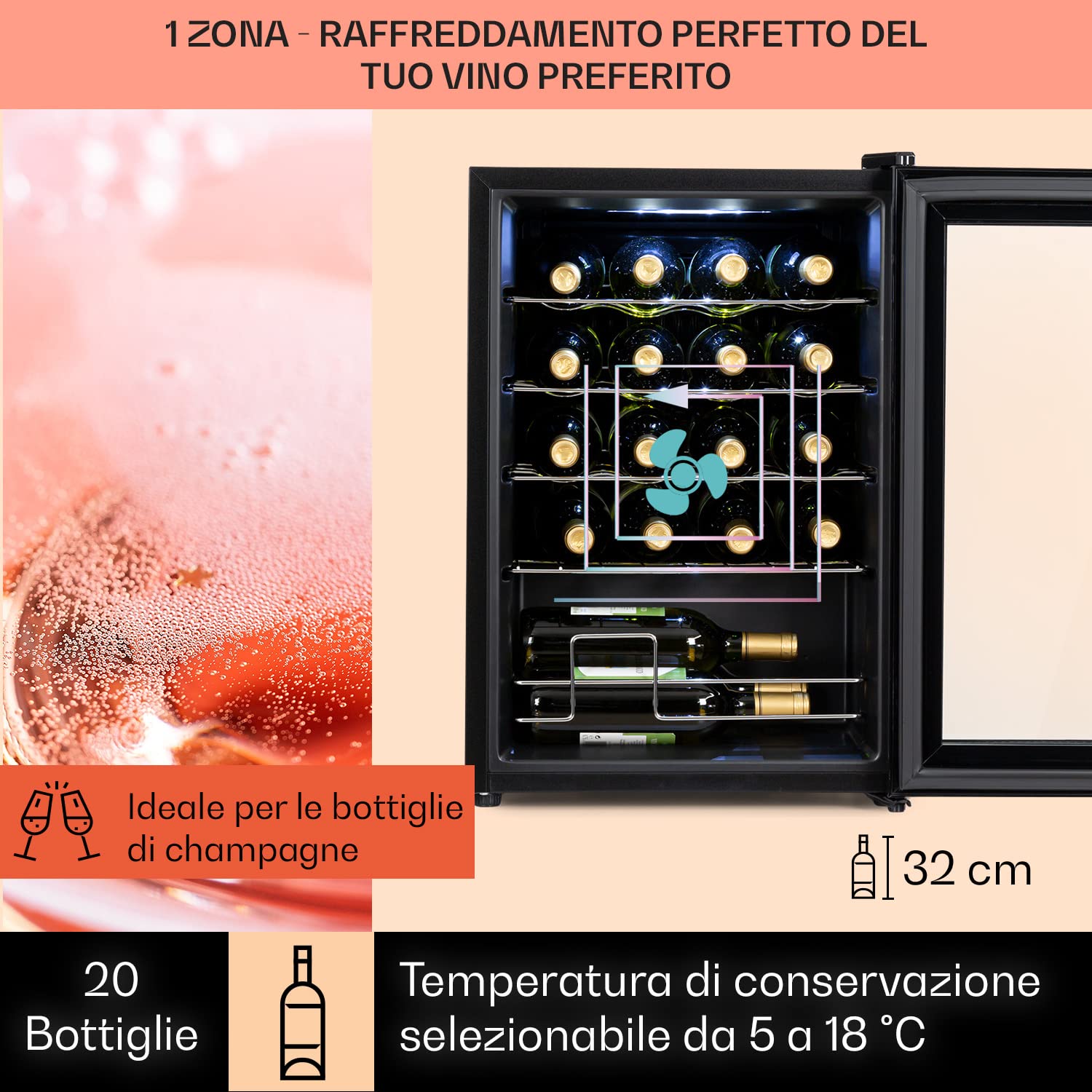 KLARSTEIN Cantinetta Vino Design, Cantinetta Vino Refrigerata a Zona Singola per Vino Rosso, Bianco e Birra, Controlli Touch, Frigo Vino Cantinetta per Esterno/Interno, 5-18°C, 53L, 20 Bottiglie