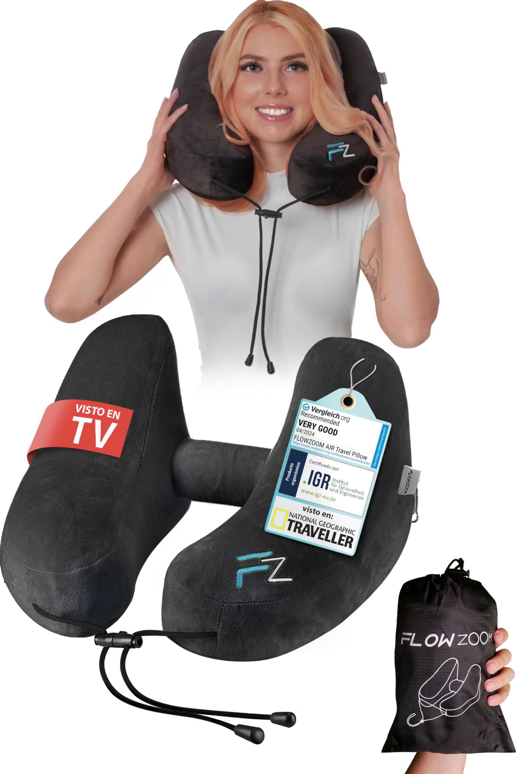 FLOWZOOM Almohada de Viaje Hinchable para Mujeres - Cojín de Cuello con Capucha de Felpa para Máxima Privacidad y Confort Avión, Tren y Coche - Talla M - Negro