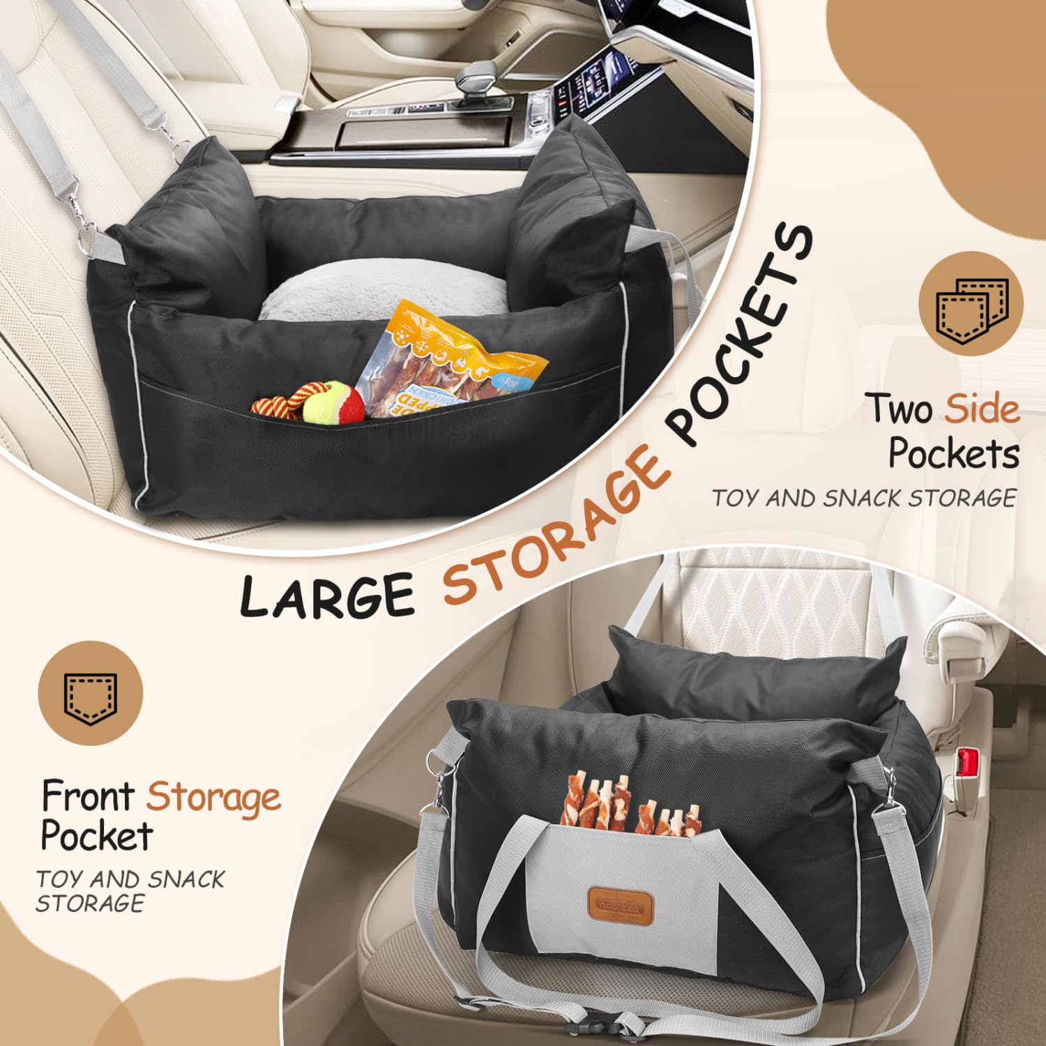 Nobleza Asiento de Coche para Perros Pequeños, Asiento Elevador para Perros con Bolsillos de Almacenamiento y Cojín Reversible, Cama de Viaje para Mascotas de hasta 11 kg, Negro, L58×W56×H33cm