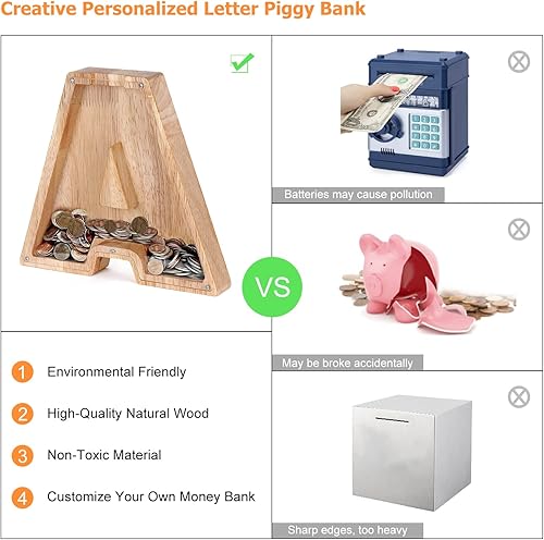 Miniatura 3 de Alcancía con letras de madera para niños y niñas banco de dinero personalizado con letras para adultos con calcomanías del alfabeto banco de monedas