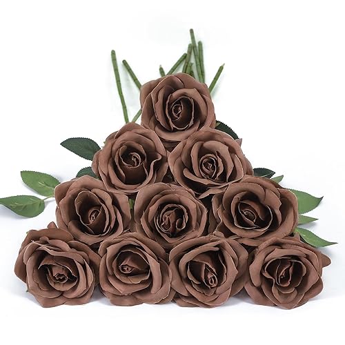 DuHouse 10pcs Fake Roses Artificial Silk Flowers Long Stems Bouquet