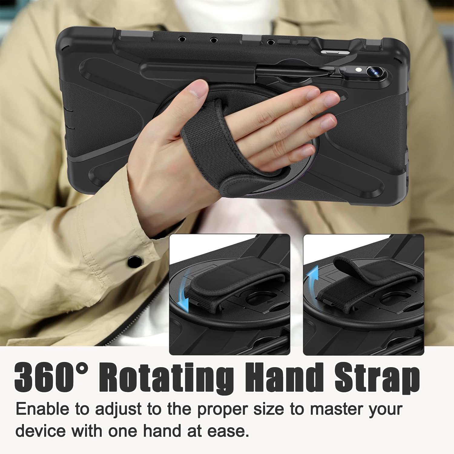 Rantice Case for Samsung Galaxy Tab S10 Lite/ S10 FE/ S9 FE/ S9/ S8/ S7, Heavy Duty Shockproof Protective Case with Screen Protector & 360 Rotating Stand & Hand Strap & Shoulder Strap (Black)