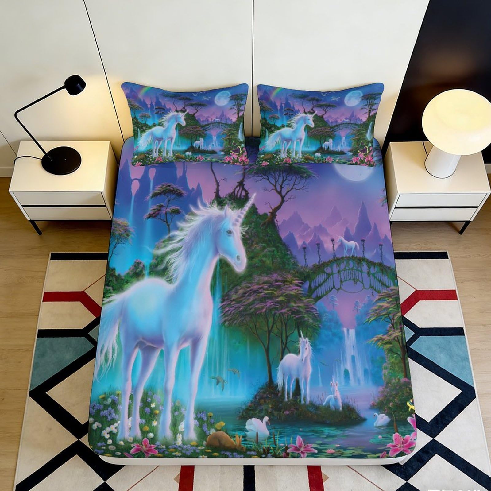 3D Printed Unicorn Fantasy Fitted Sheet Microfiber Deep Pocket Bedroom Bedding Non-Slip Mattress Fitted Cover 140x200x25cm