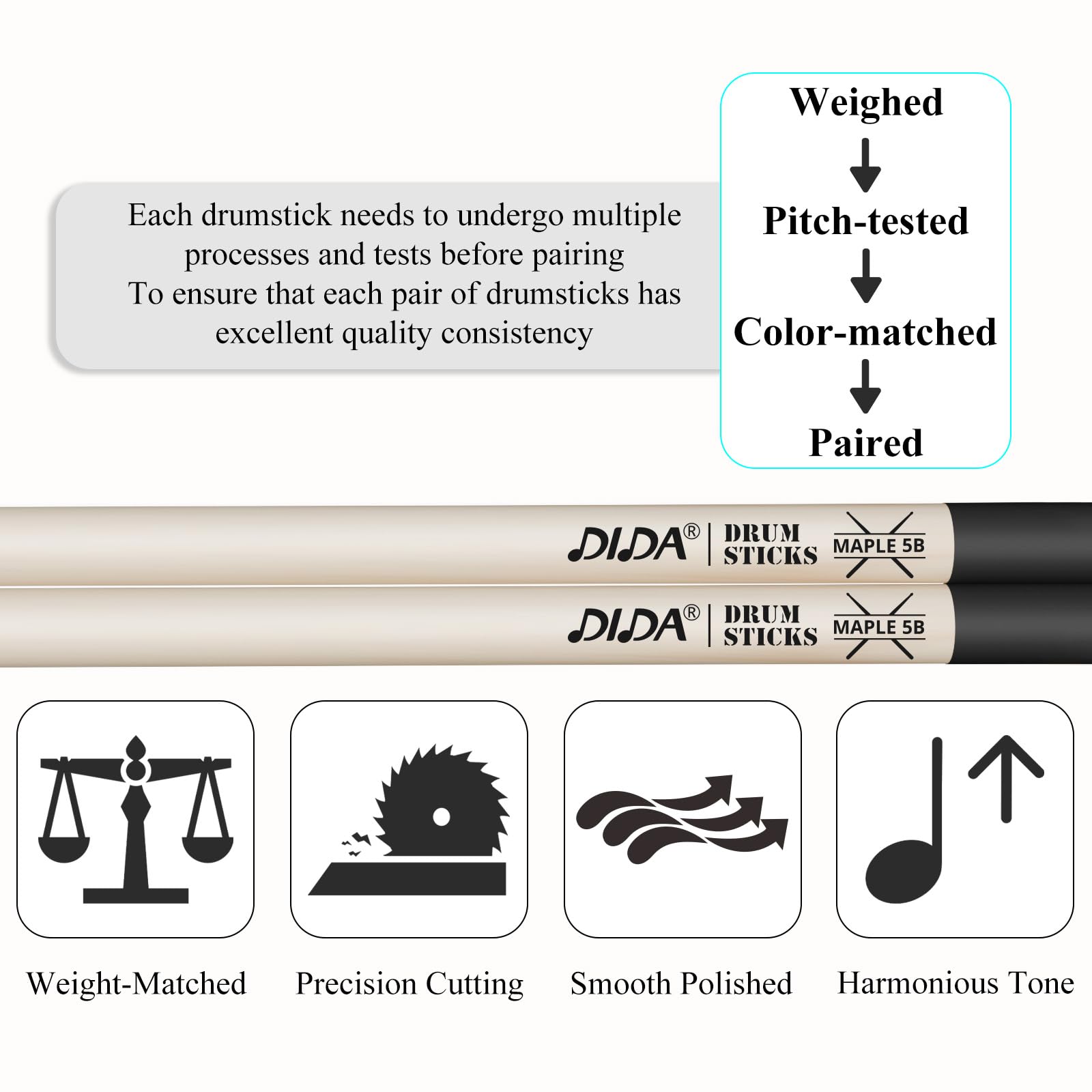 Drum Sticks for Drums Natural Solid Wood丨Weight Balanced丨Non-Slip Grip, Live Performance & Drum Kit Practice Accessories - Image 4
