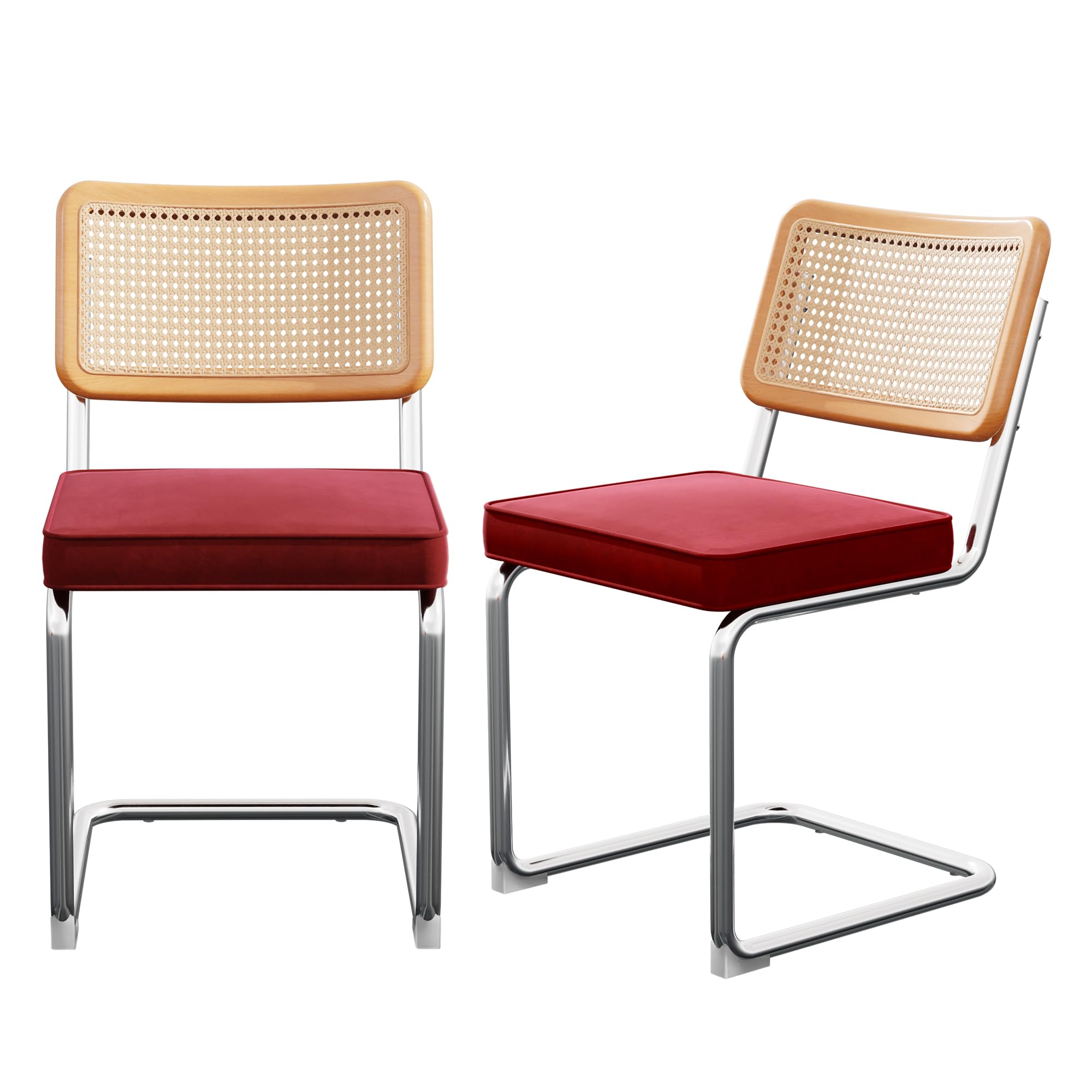 Mid Century Modern Rattan Dining Chairs Set of 2 Natural Cane Back Velvet Side Chairs Home Living Room Bedroom