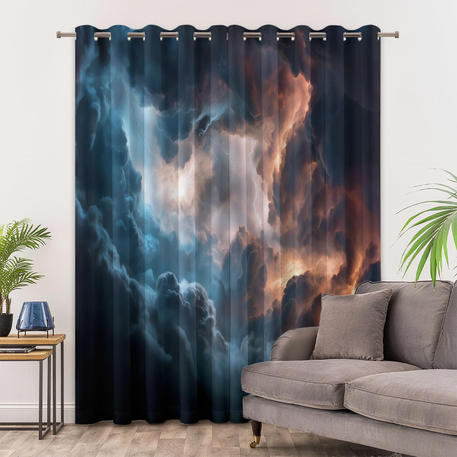 Rideau Occultant Gris, Style Fantastique Nuages Sombres Éclairs Rideaux à Oeillets, Rideau Thermique Isolant Anti Froid et Chaleur pour Salon Chambre Fenetre Décoration 110L x 215H cm Lot de 2