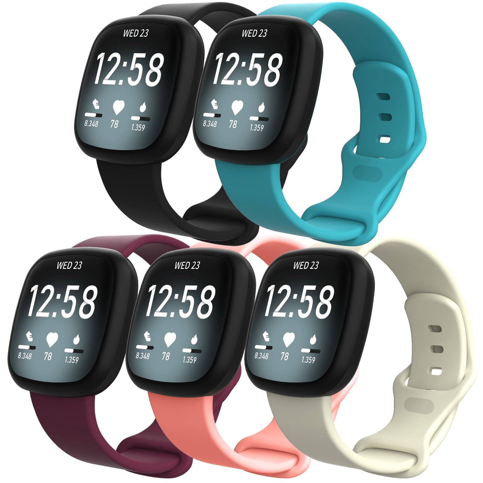 ZXgomg 5 pack Compatible for Fitbit Versa 4/Fitbit Versa 3/Fitbit Sense 2/Fitbit Sense, Silicone Sport Classic Soft Replacement Straps Compatible with Versa 3/Versa 4/Sense/Sense 2 for Women Men
