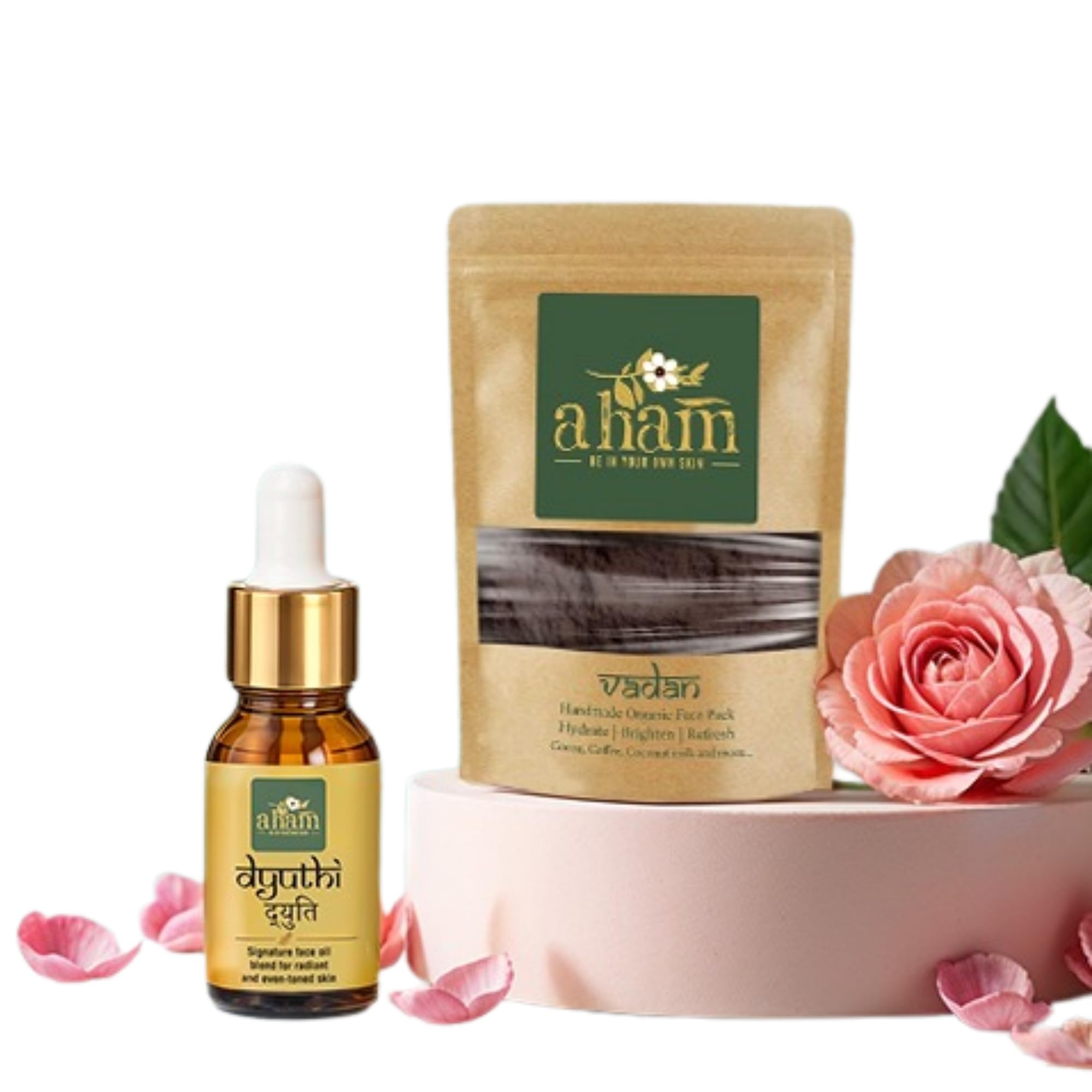 aham Roots Radiant Skin Care Combo | Dyuthi Herbal Face Oil 30 ml & Vadan Natural Face Pack 80 g | Ayurvedic Skincare for Glowing Skin-image-2