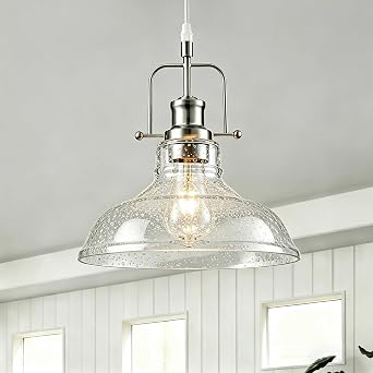 WILON Seeded Glass Modern Pendant Light for Kitchen, Brushed Nickel | 11 Seeded Glass Shade, Adjustable Height, E26 Ceramic Socket, 60W MAX, Modern Style for Dining Room Kitchen Over Sink