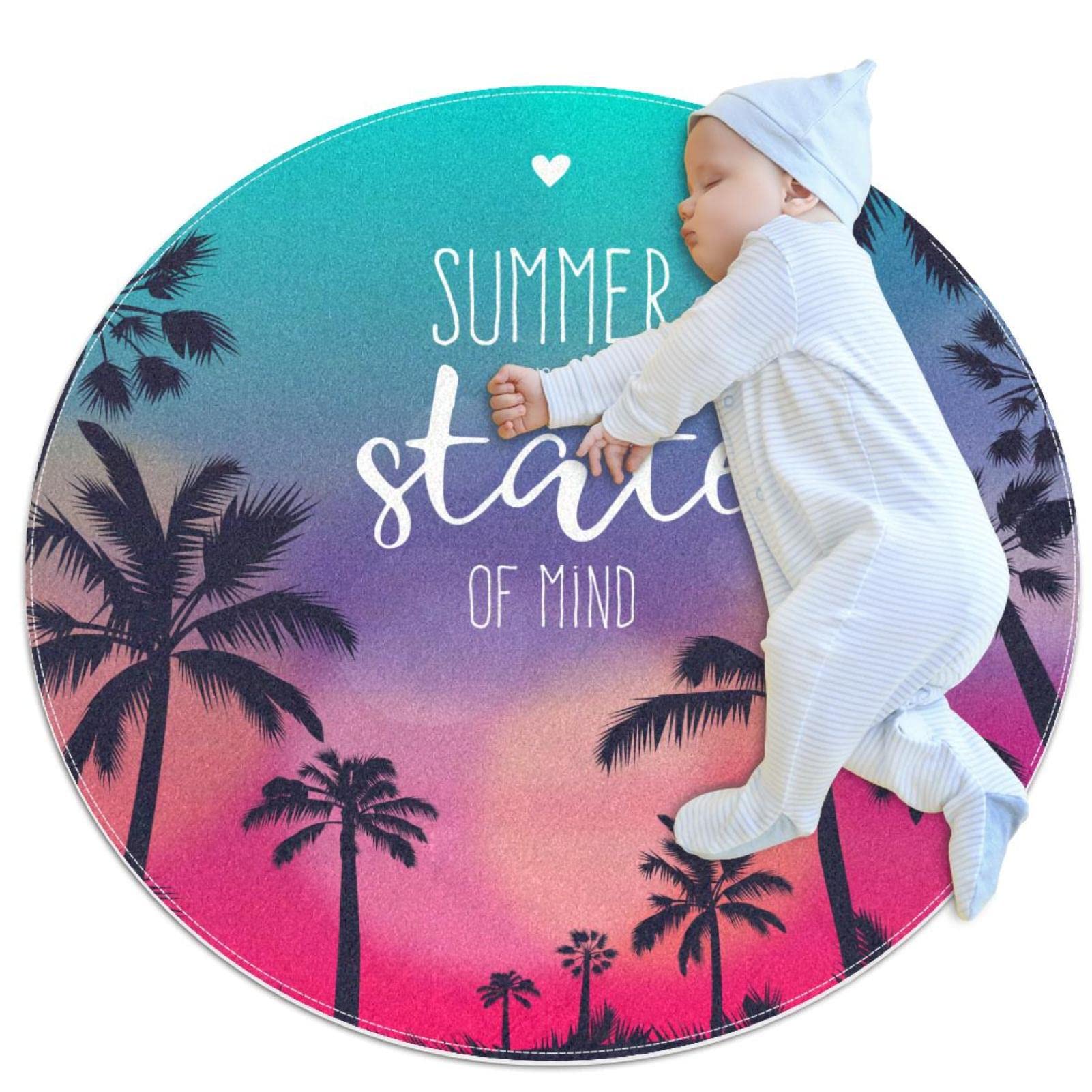 Tapis palmier paysage d'été rond JDEZ 100x100cm pour decoration de chambre et salon chaleureux