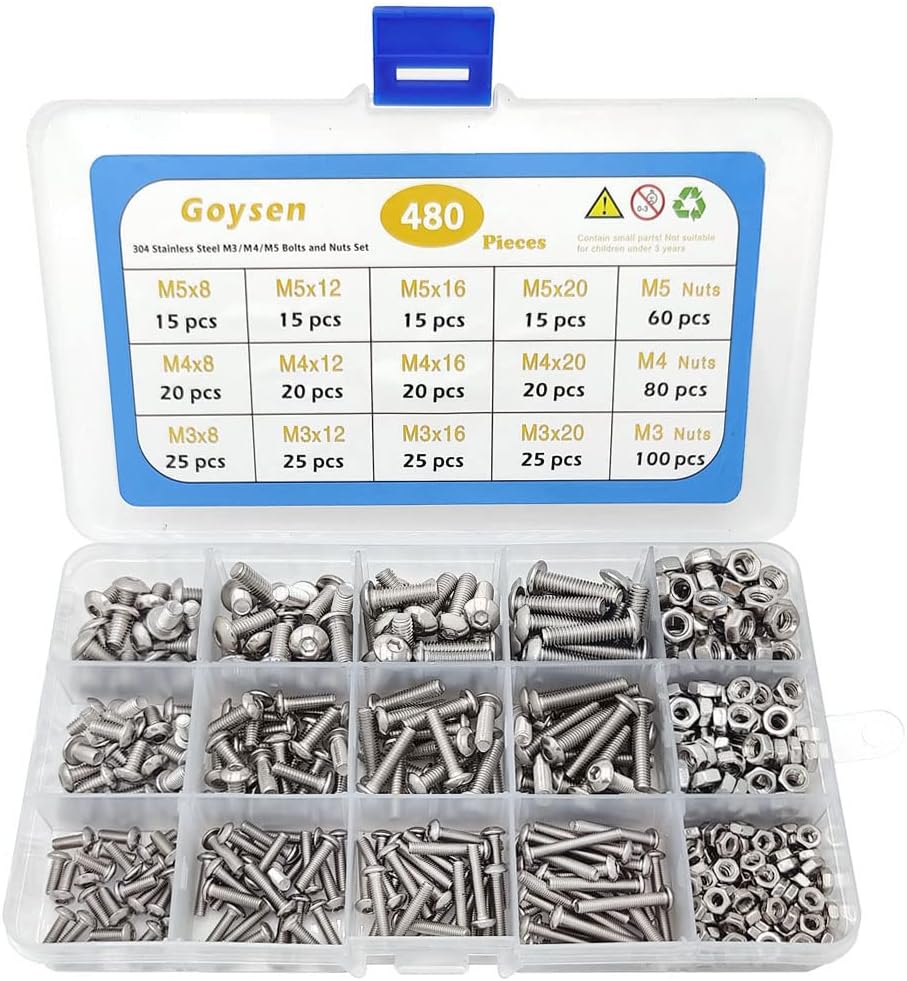 Shayee 480 Pcs Bolts and Nuts Assorted Set, 304 Stainless Steel Hex Bolts Set M3 M4 M5 Head Cap Screws Bolts and Nuts Kit, One Size
