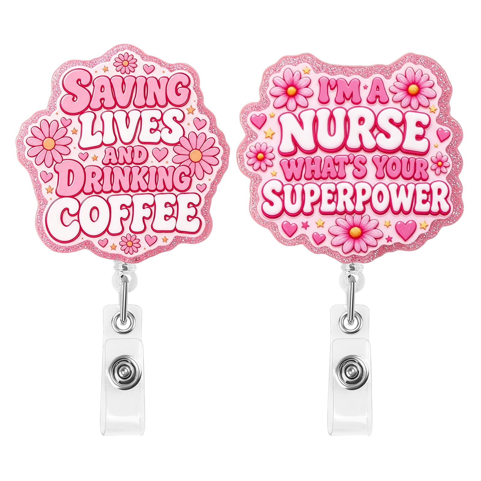 BLMHTWO 2Pcs Cute Nurse Badge Reel Funny Nursing Badge Reels Retractable Pink Holder with Alligator Clip for RN CNA Nursing Student Decor