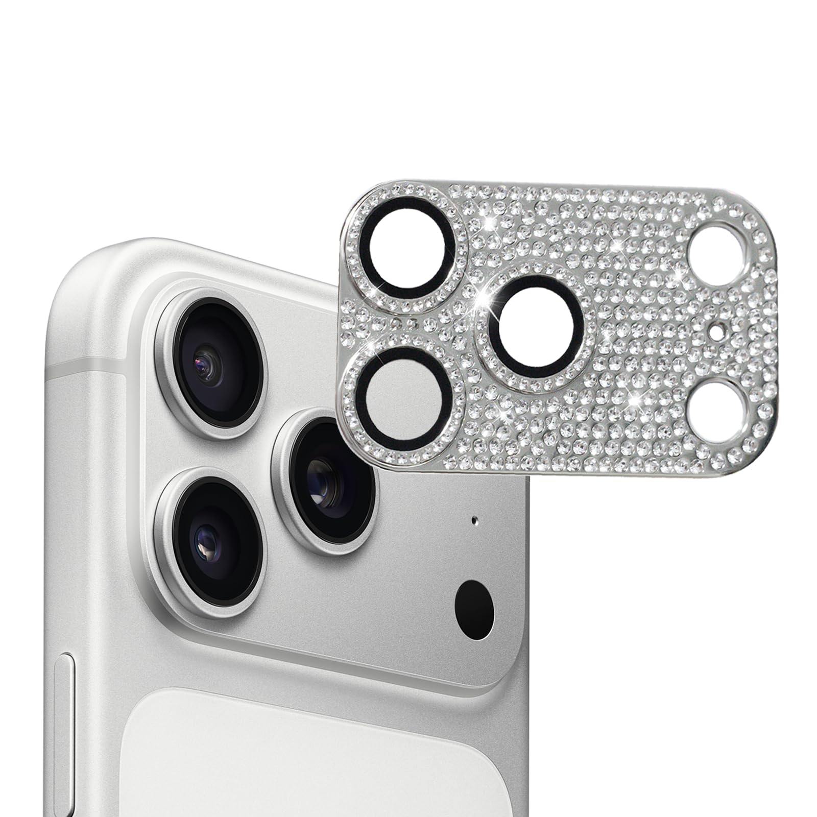 For iPhone 17 Pro Max カメラフィルム カメラカバー レンズカバー カメラ保護 ラインストーン【アルミ合金縁取り+強化ガラス】 レンズ全体保護 黒縁取り 露出オーバー防止 キラキラ レンズ保護フィルム 携帯電話の装飾 貼り付け簡単 貼り付け簡単 気泡防止 飛散防止 高透過率 【シルバー】 iPhone 17 Pro Max 用 レンズフィルム