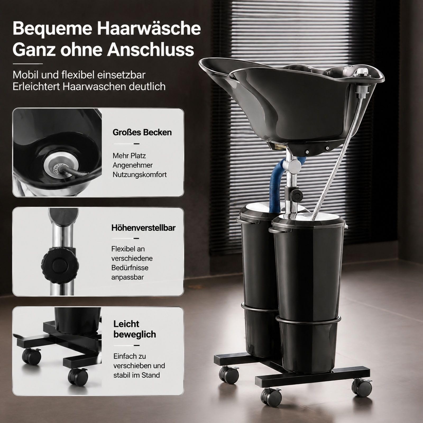 Tragbares Friseurwaschbecken in Schwarz, mit elektrischer Pumpe, 2 Eimern, 2 Duschköpfen, Ablaufschlauch, höhen- und winkelverstellbar für Salon