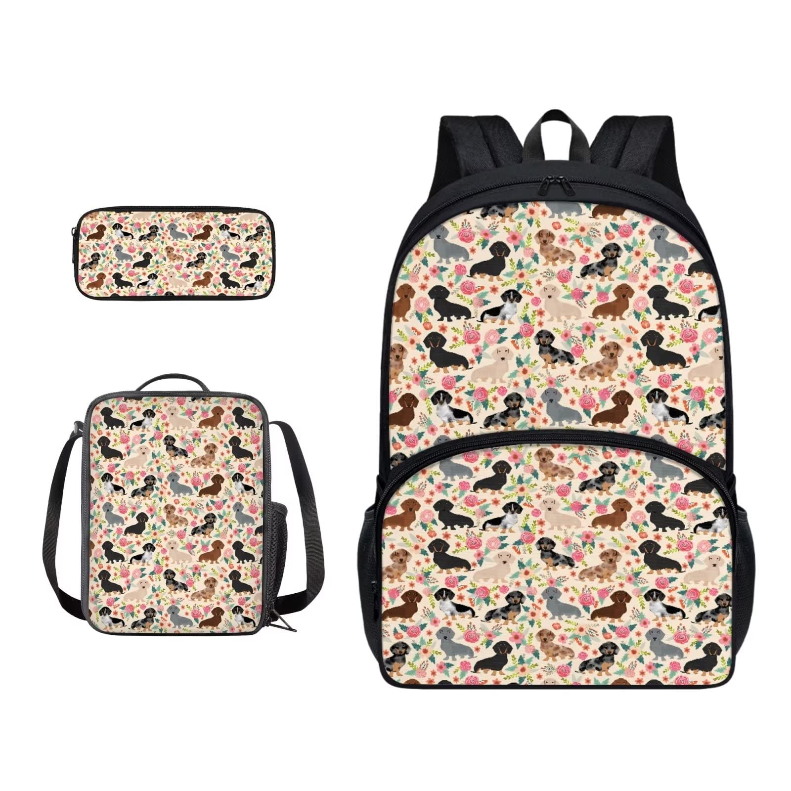 Poceacles Schultasche und Lunchbox-Set für Teenager, Jungen, Grundschule, Büchertasche, Federmäppchen für Grundschulkinder, Dackel-Blumenblüten, Einheitsgröße